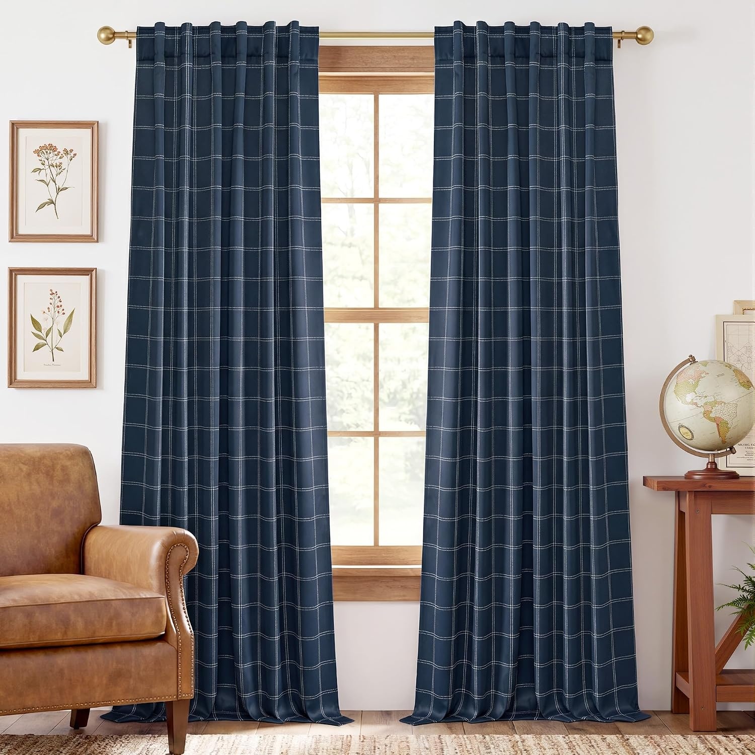 image:imageNICETOWN 100 Blackout Taupe Plaid Magnetic Roman Shade W24 x L64 1 PanelGrid Pattern Dark Blue White