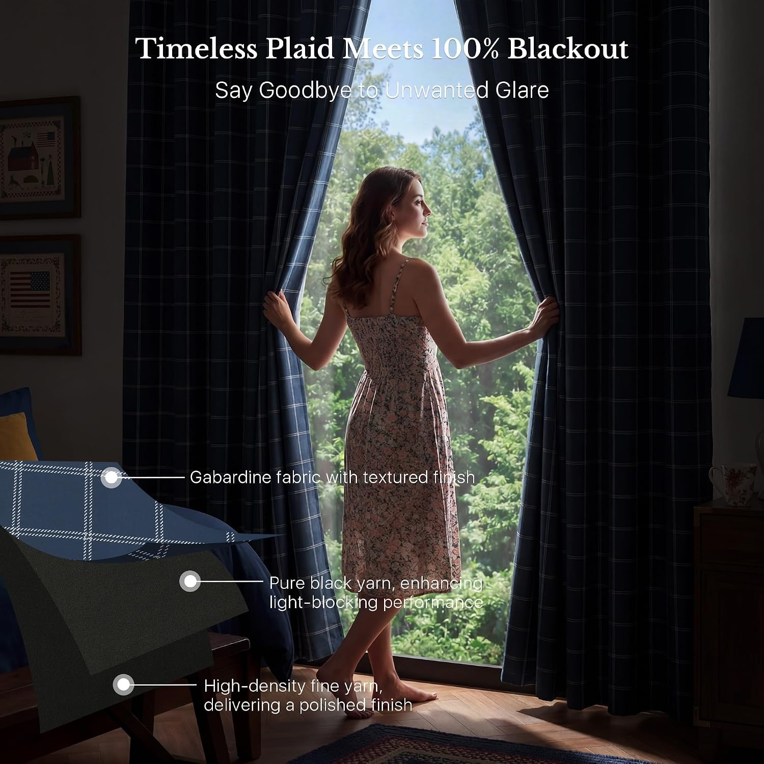 image:imageNICETOWN 100 Blackout Taupe Plaid Magnetic Roman Shade W24 x L64 1 PanelGrid Pattern Dark Blue White