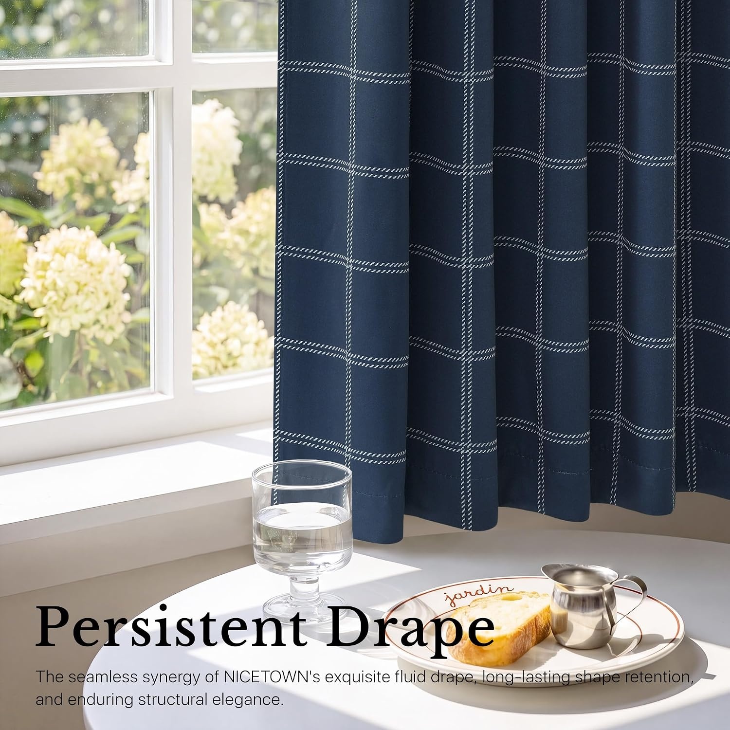 image:imageNICETOWN 100 Blackout Taupe Plaid Magnetic Roman Shade W24 x L64 1 PanelGrid Pattern Dark Blue White