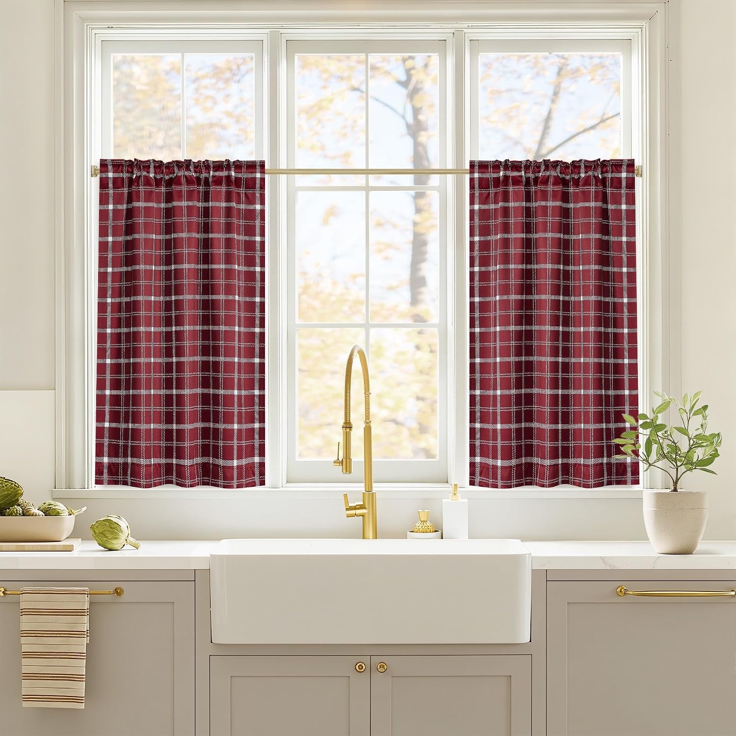 image:imageNICETOWN 100 Blackout Taupe Plaid Magnetic Roman Shade W24 x L64 1 PanelPlaid Red Christmas White