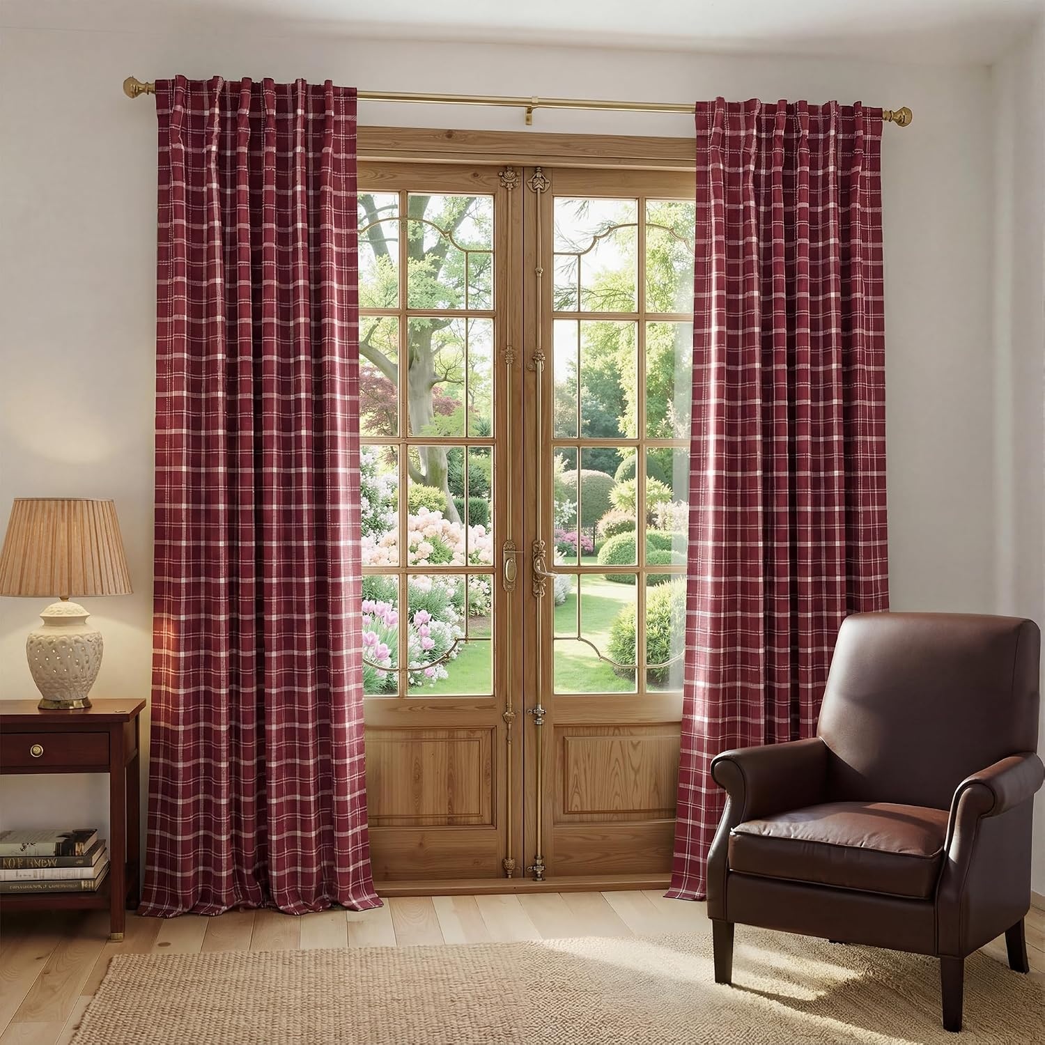 image:imageNICETOWN 100 Blackout Taupe Plaid Magnetic Roman Shade W24 x L64 1 PanelPlaid Red Christmas White
