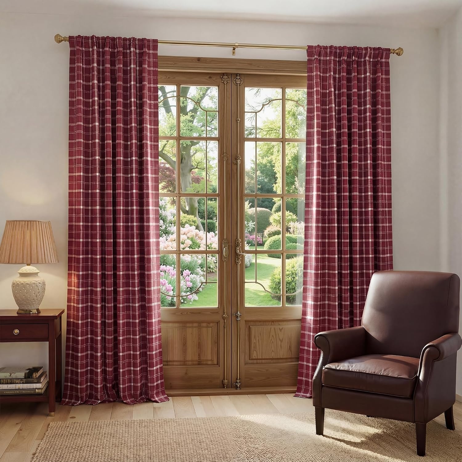 image:imageNICETOWN 100 Blackout Taupe Plaid Magnetic Roman Shade W24 x L64 1 PanelPlaid Red Christmas White