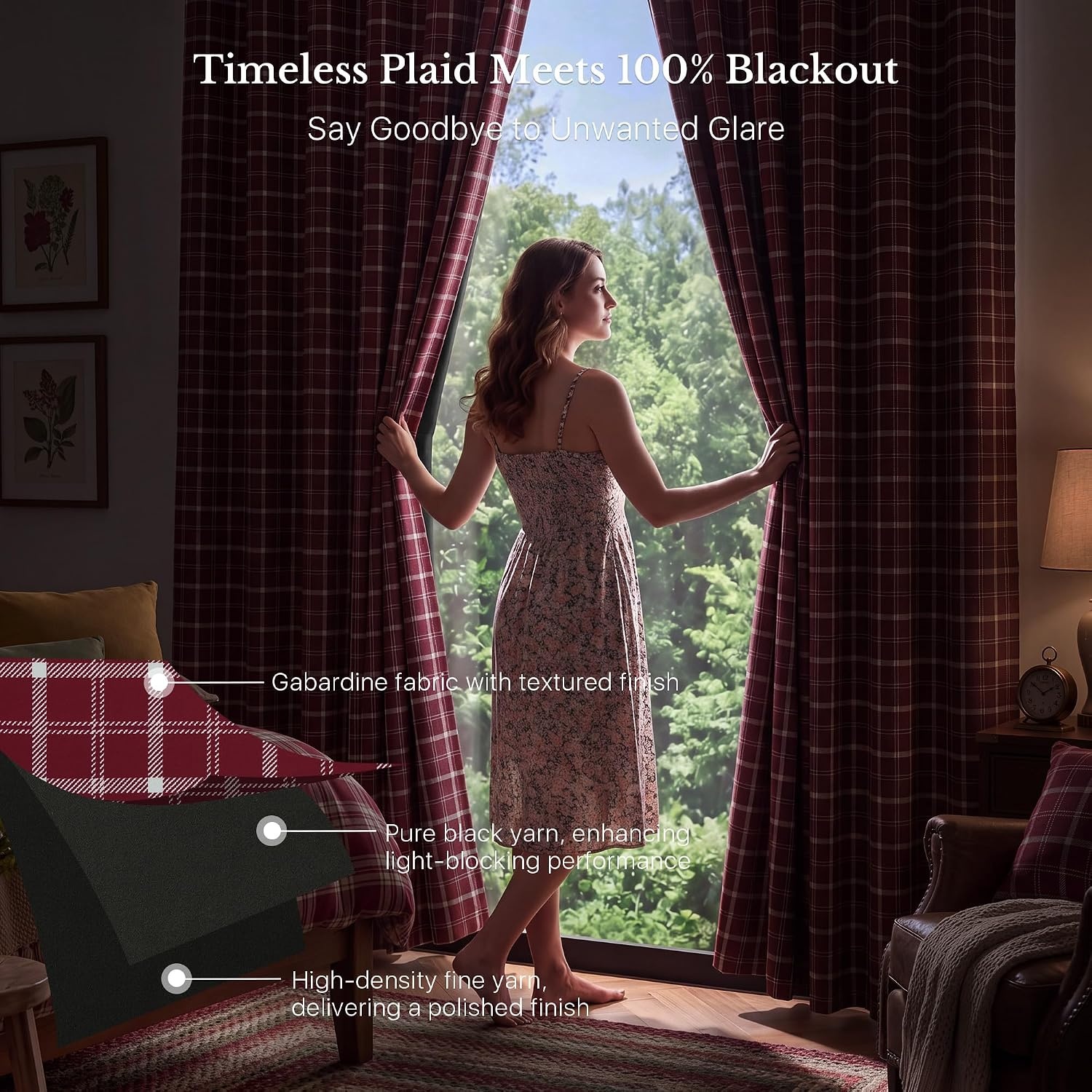 image:imageNICETOWN 100 Blackout Taupe Plaid Magnetic Roman Shade W24 x L64 1 PanelPlaid Red Christmas White