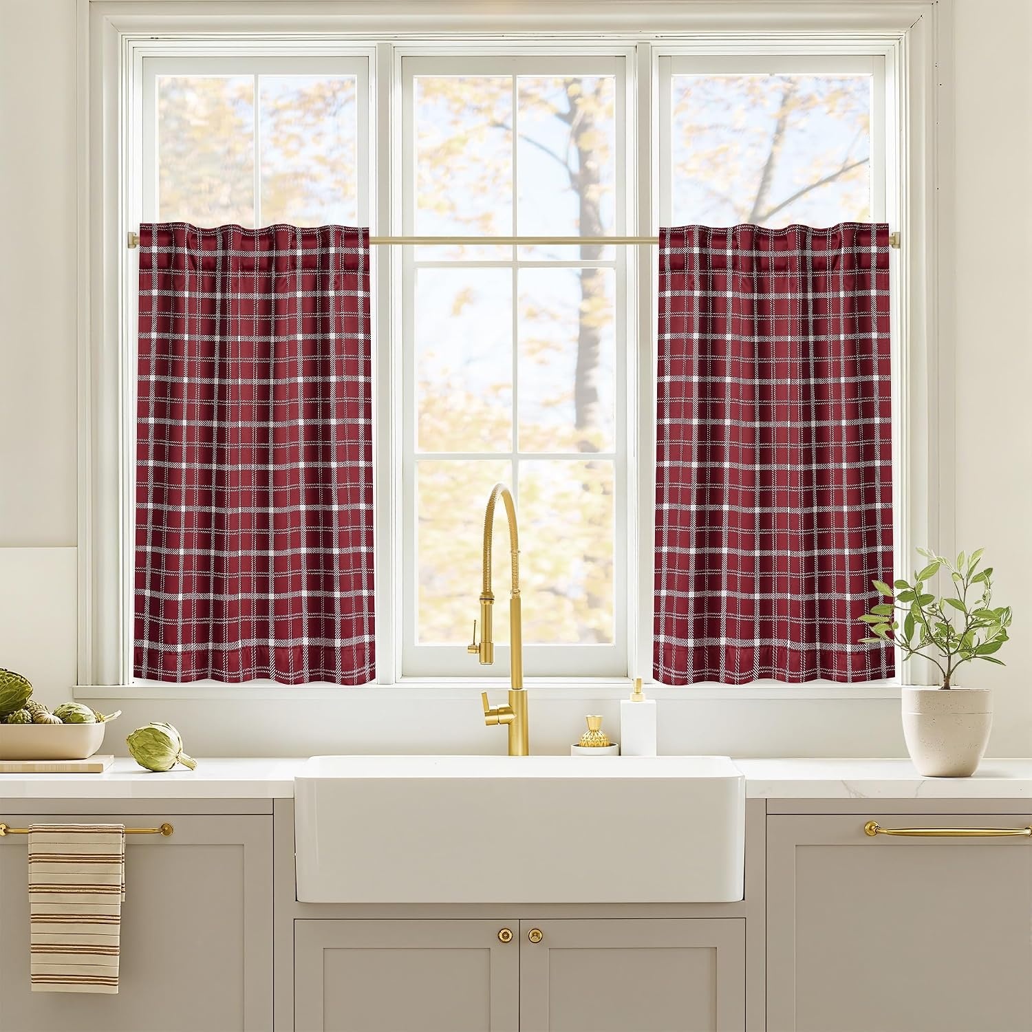 image:imageNICETOWN 100 Blackout Taupe Plaid Magnetic Roman Shade W24 x L64 1 PanelPlaid Red Christmas White