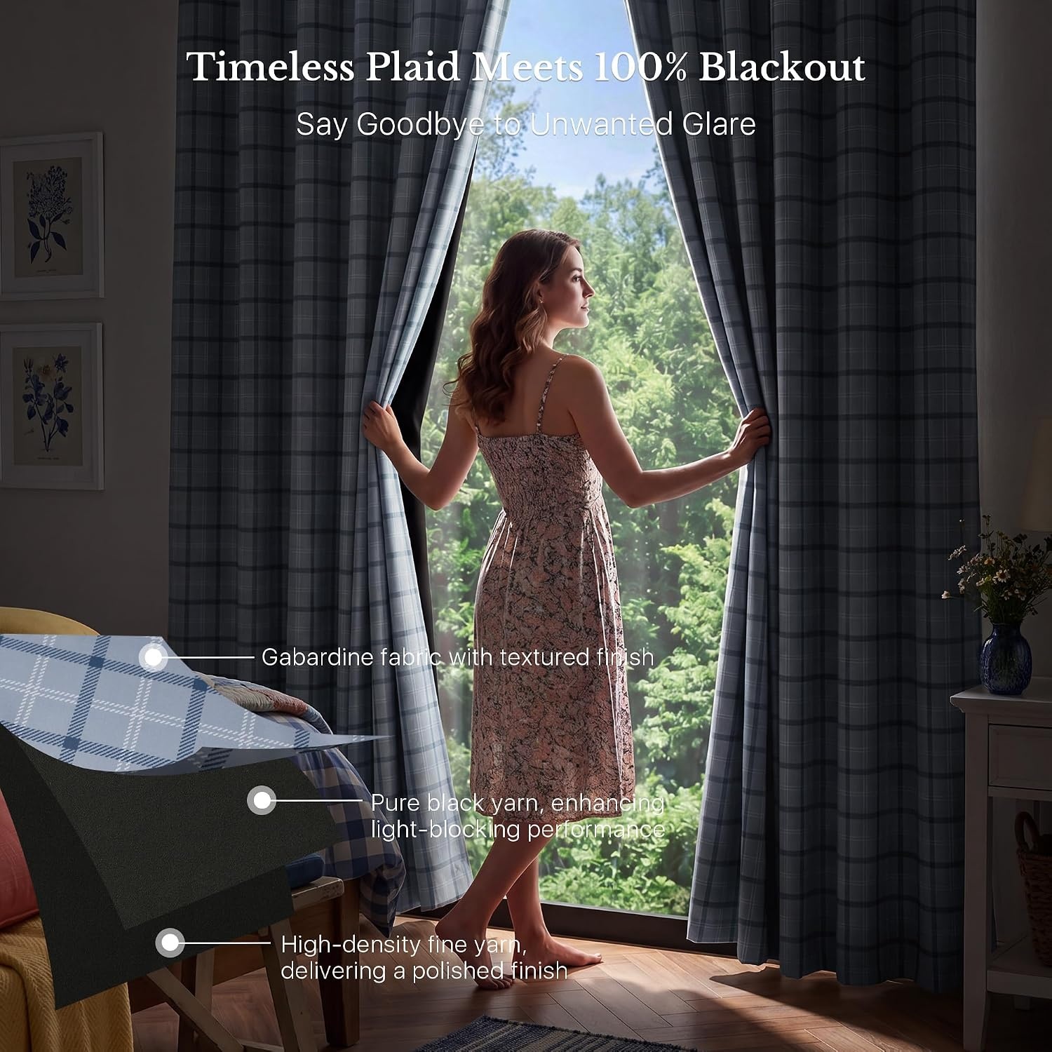 image:imageNICETOWN 100 Blackout Taupe Plaid Magnetic Roman Shade W24 x L64 1 PanelPlaid Sea Blue White