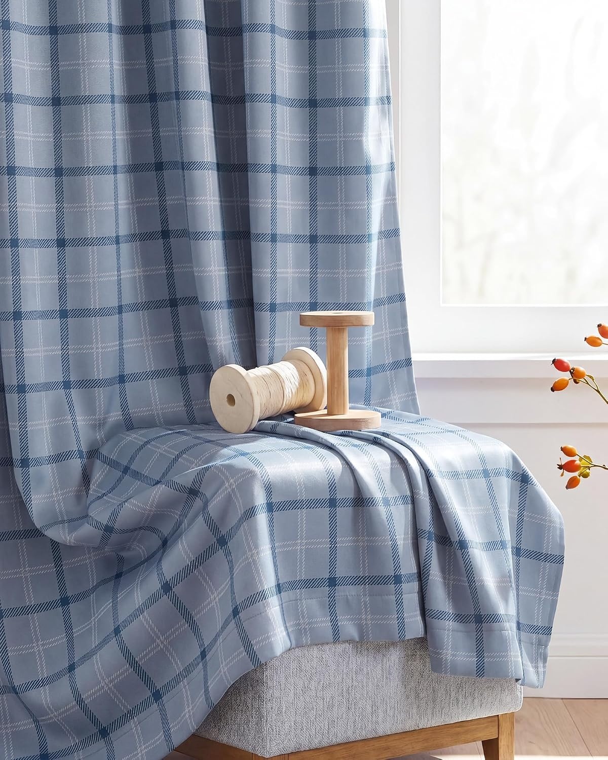 image:imageNICETOWN 100 Blackout Taupe Plaid Magnetic Roman Shade W24 x L64 1 PanelPlaid Sea Blue White