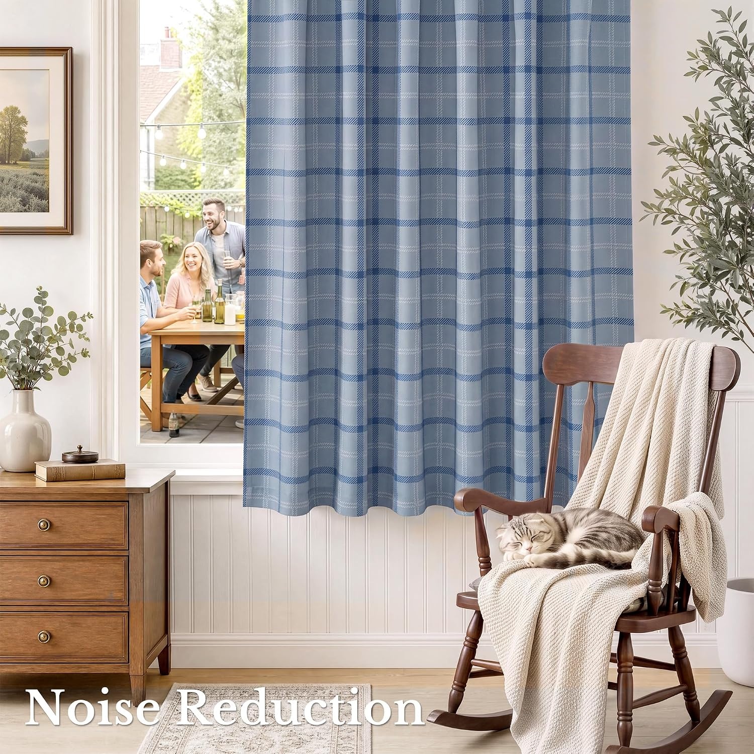 image:imageNICETOWN 100 Blackout Taupe Plaid Magnetic Roman Shade W24 x L64 1 PanelPlaid Sea Blue White