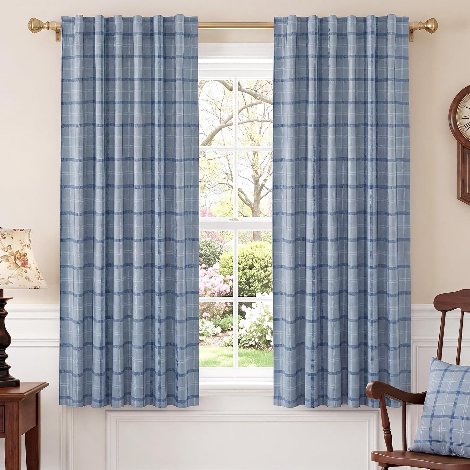 image:imageNICETOWN 100 Blackout Taupe Plaid Magnetic Roman Shade W24 x L64 1 PanelPlaid Sea Blue White