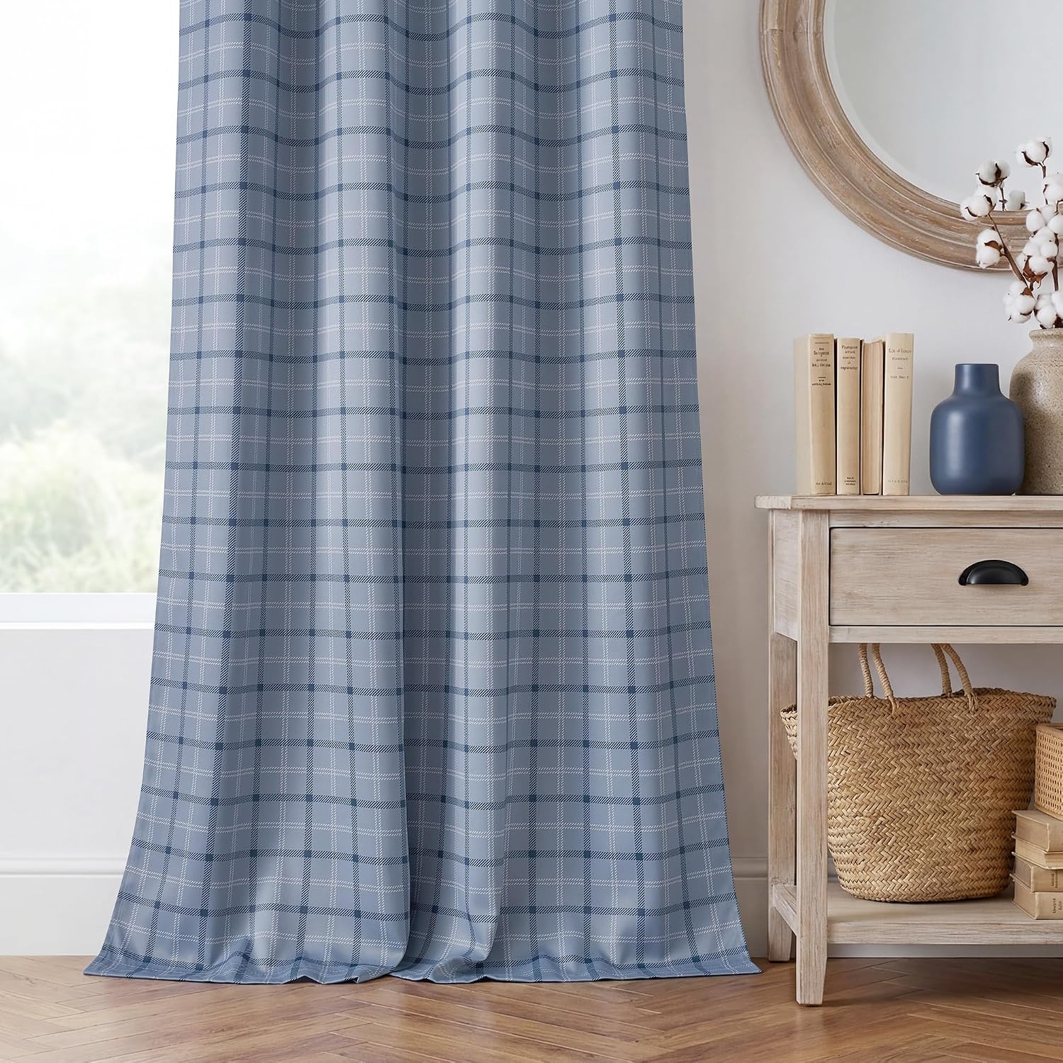 image:imageNICETOWN 100 Blackout Taupe Plaid Magnetic Roman Shade W24 x L64 1 PanelPlaid Sea Blue White