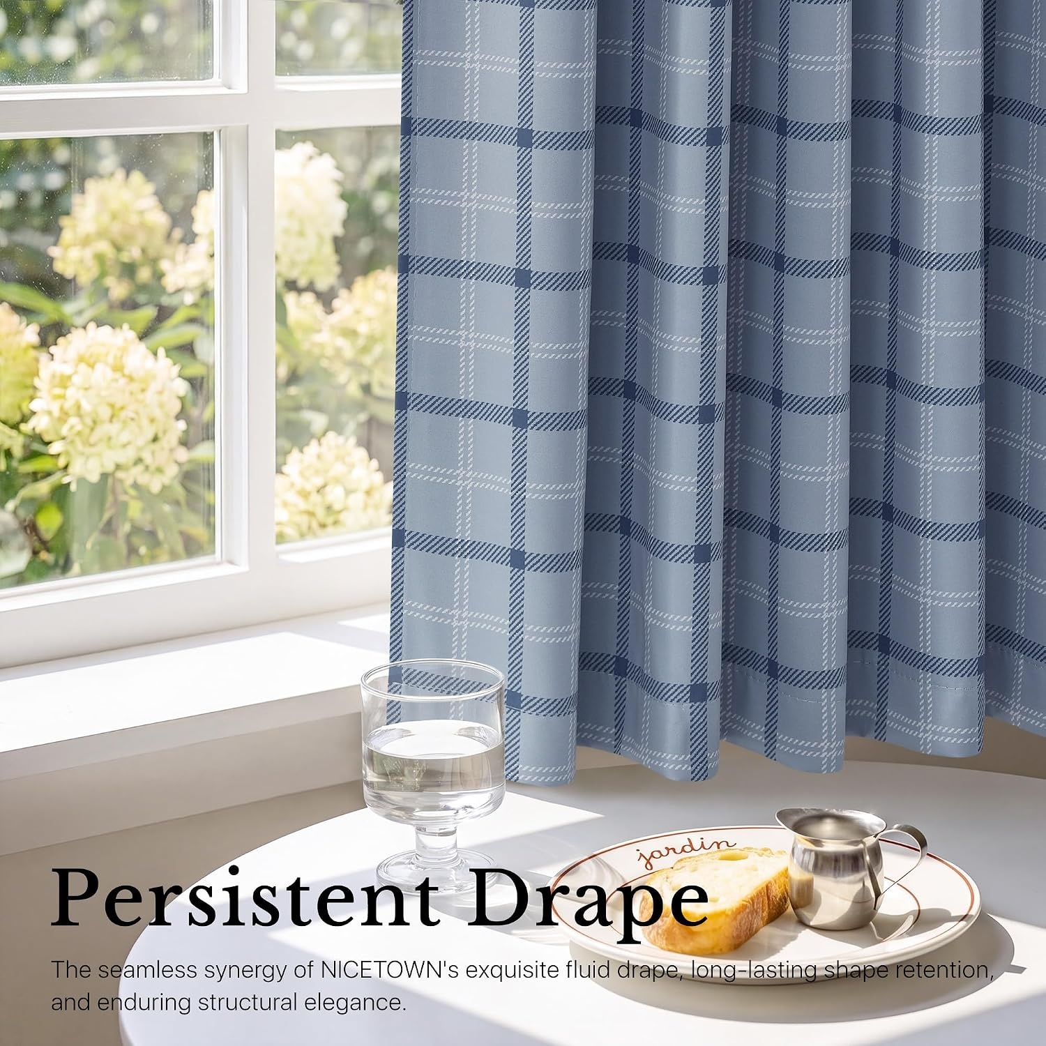 image:imageNICETOWN 100 Blackout Taupe Plaid Magnetic Roman Shade W24 x L64 1 PanelPlaid Sea Blue White