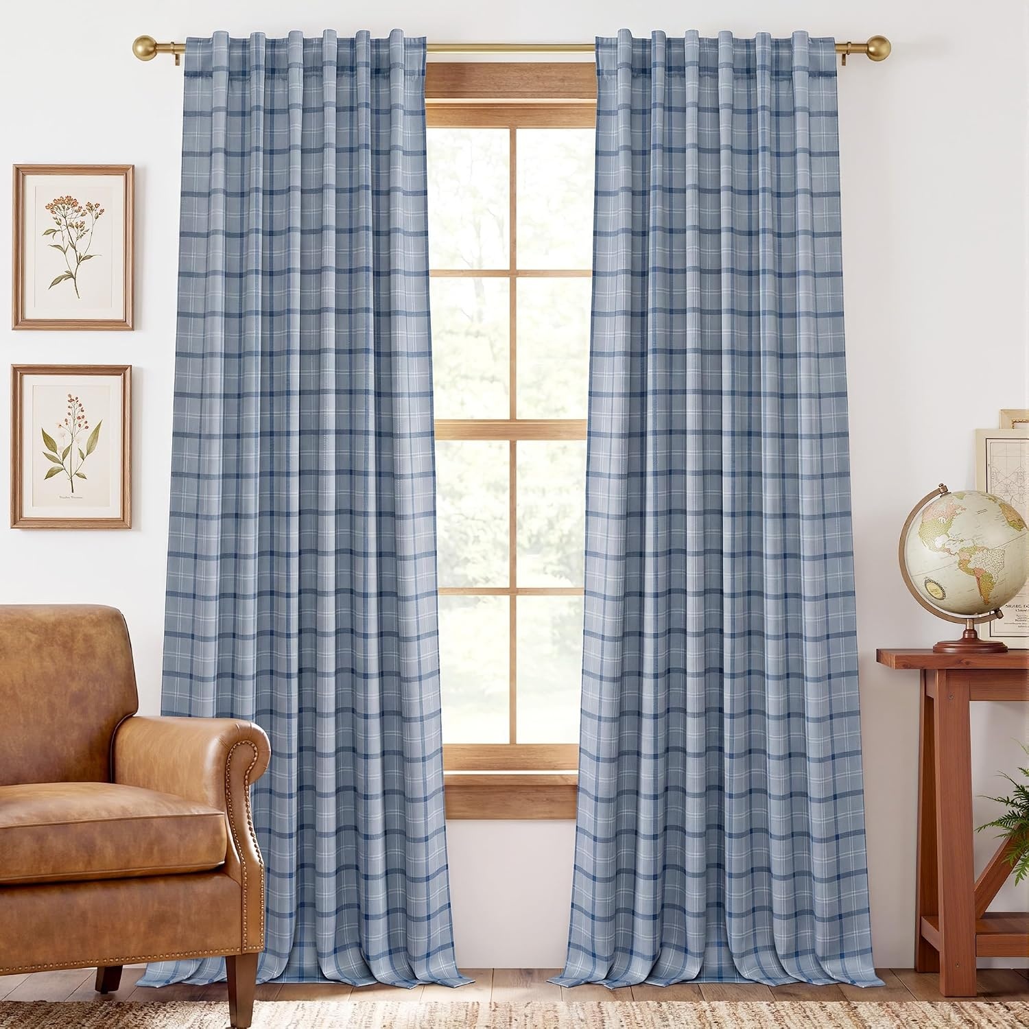 image:imageNICETOWN 100 Blackout Taupe Plaid Magnetic Roman Shade W24 x L64 1 PanelPlaid Sea Blue White