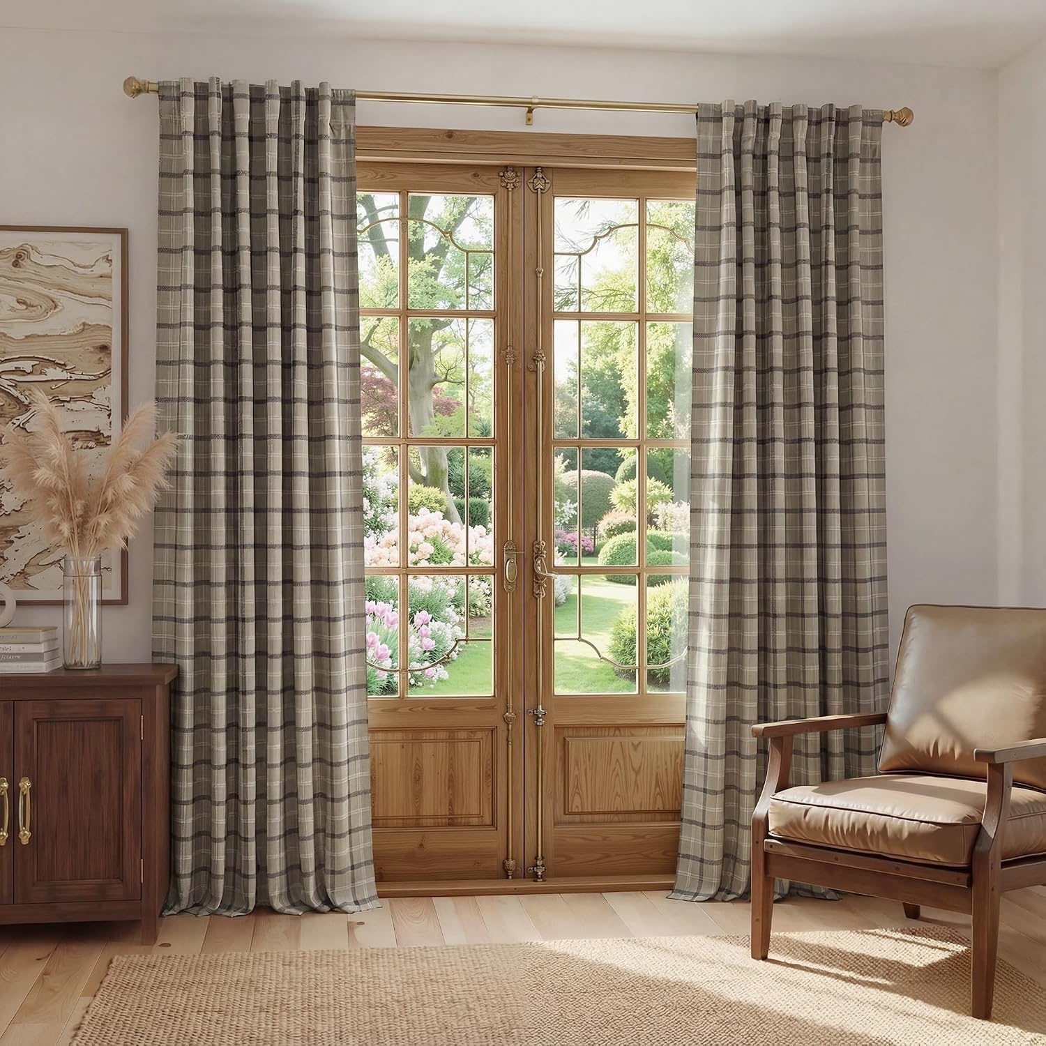 image:imageNICETOWN 100 Blackout Taupe Plaid Magnetic Roman Shade W24 x L64 1 PanelPlaid Taupe White