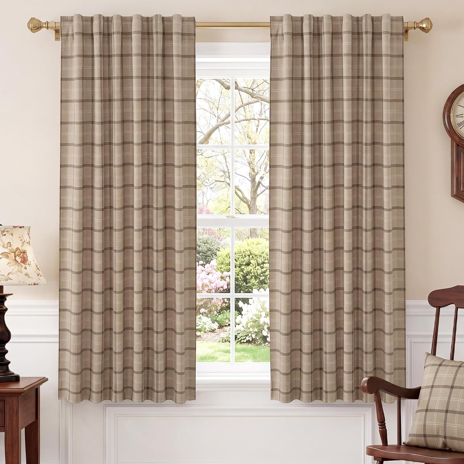 image:imageNICETOWN 100 Blackout Taupe Plaid Magnetic Roman Shade W24 x L64 1 PanelPlaid Taupe White