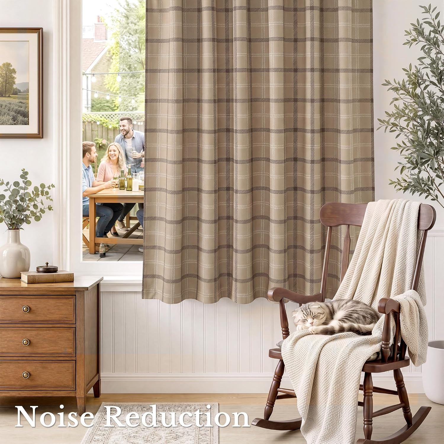 image:imageNICETOWN 100 Blackout Taupe Plaid Magnetic Roman Shade W24 x L64 1 PanelPlaid Taupe White