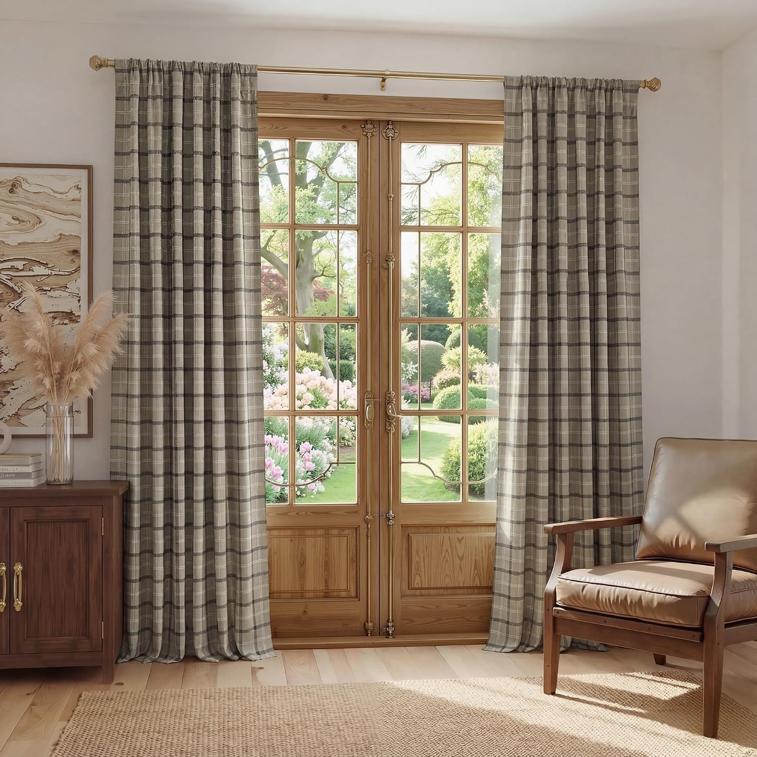 image:imageNICETOWN 100 Blackout Taupe Plaid Magnetic Roman Shade W24 x L64 1 PanelPlaid Taupe White