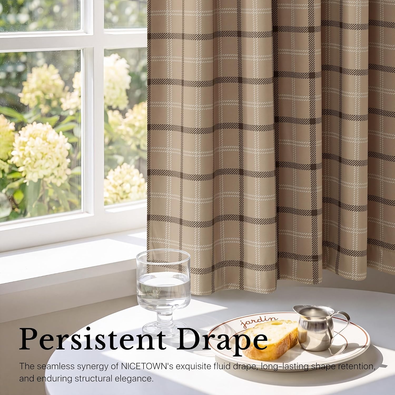 image:imageNICETOWN 100 Blackout Taupe Plaid Magnetic Roman Shade W24 x L64 1 PanelPlaid Taupe White