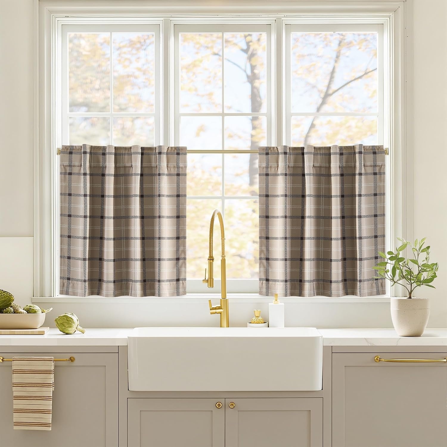 image:imageNICETOWN 100 Blackout Taupe Plaid Magnetic Roman Shade W24 x L64 1 PanelPlaid Taupe White