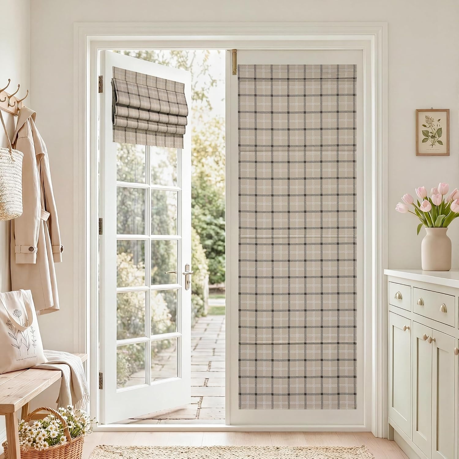 image:imageNICETOWN 100 Blackout Taupe Plaid Magnetic Roman Shade W24 x L64 1 PanelPlaid Taupe White
