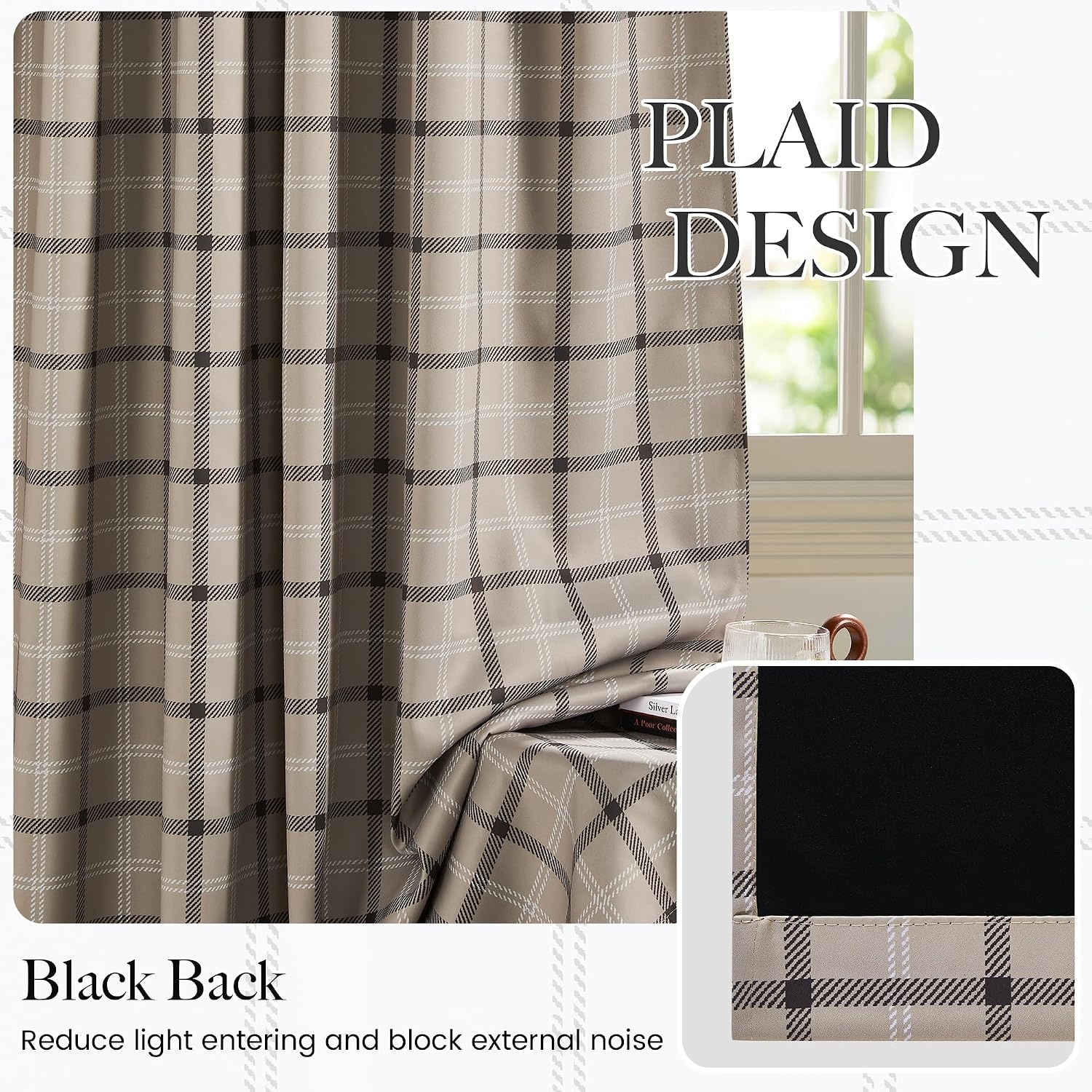 image:imageNICETOWN 100 Blackout Taupe Plaid Magnetic Roman Shade W24 x L64 1 PanelPlaid Taupe White