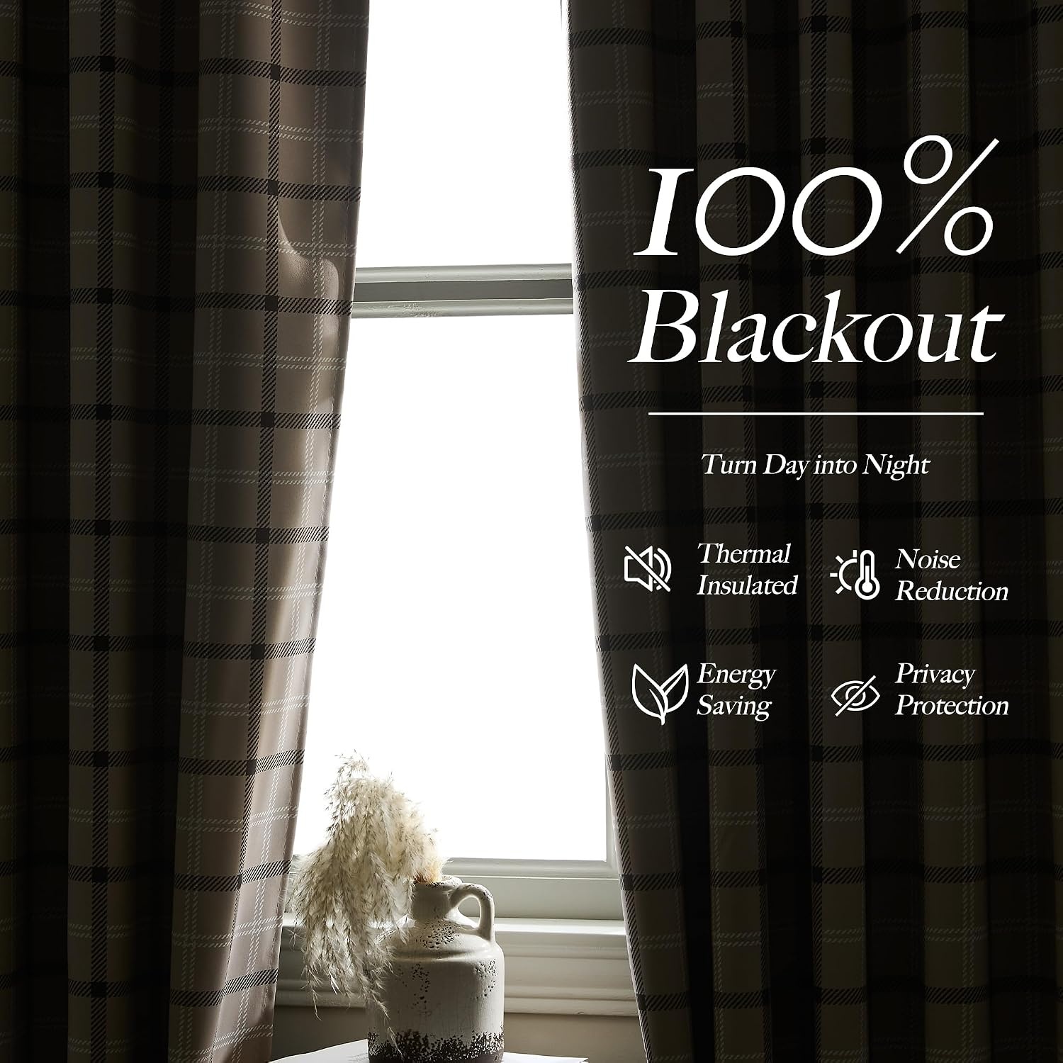 image:imageNICETOWN 100 Blackout Taupe Plaid Magnetic Roman Shade W24 x L64 1 PanelPlaid Taupe White