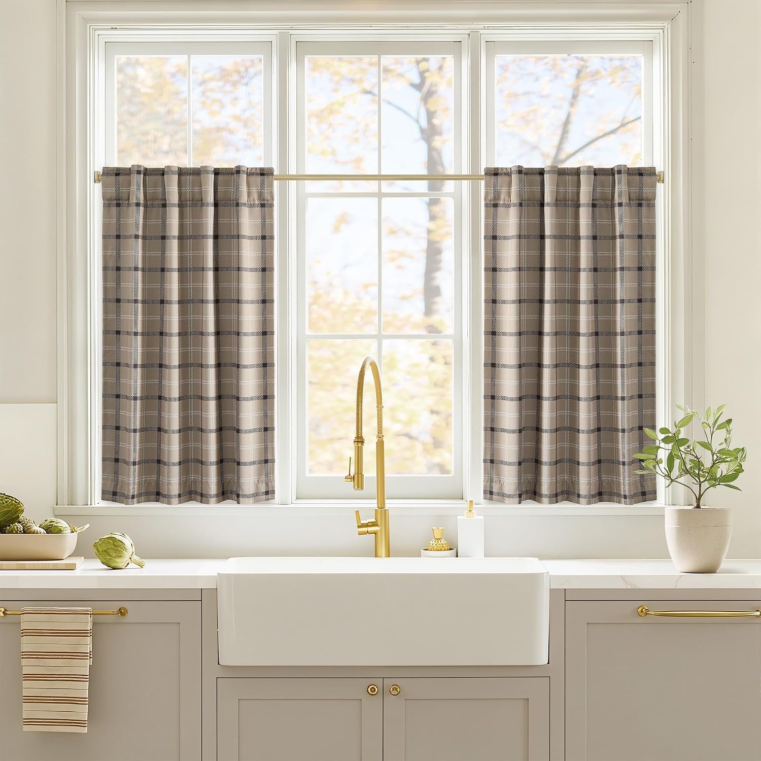 image:imageNICETOWN 100 Blackout Taupe Plaid Magnetic Roman Shade W24 x L64 1 PanelPlaid Taupe White