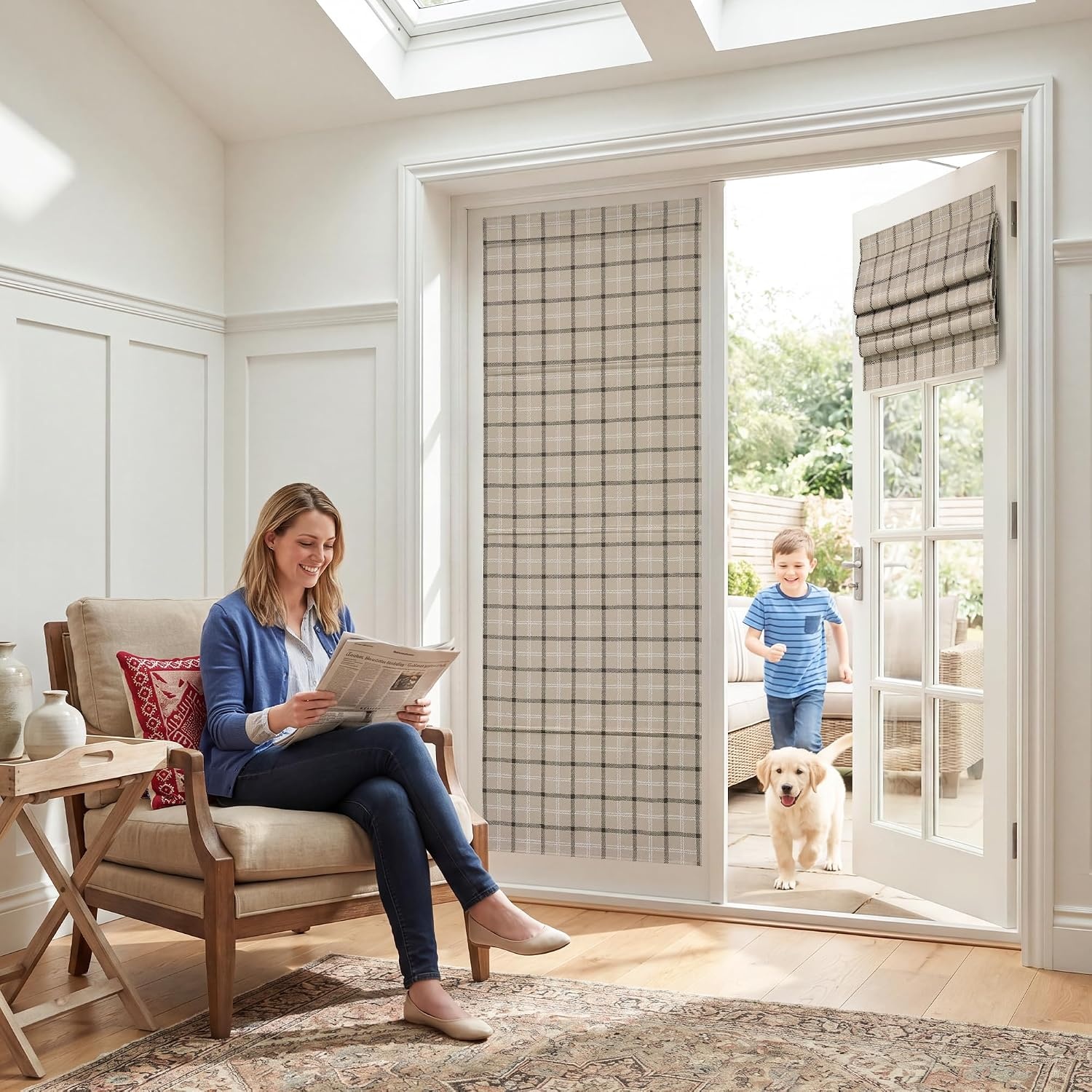 image:imageNICETOWN 100 Blackout Taupe Plaid Magnetic Roman Shade W24 x L64 1 PanelPlaid Taupe White