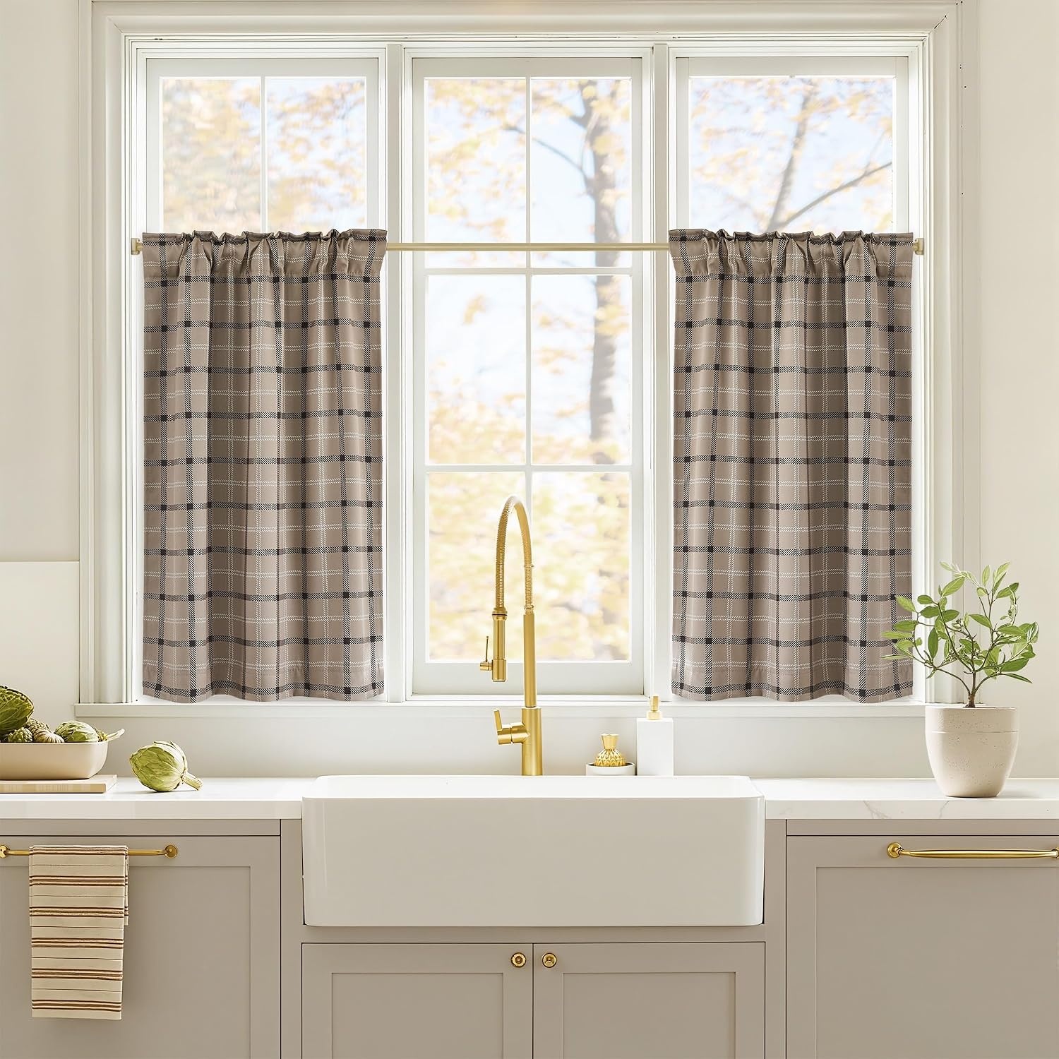 image:imageNICETOWN 100 Blackout Taupe Plaid Magnetic Roman Shade W24 x L64 1 PanelPlaid Taupe White