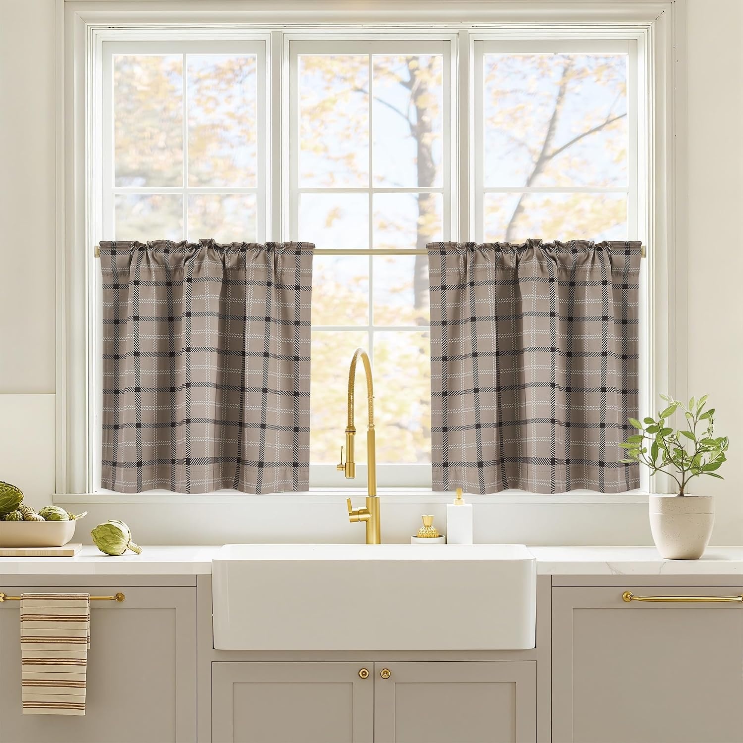 image:imageNICETOWN 100 Blackout Taupe Plaid Magnetic Roman Shade W24 x L64 1 PanelPlaid Taupe White