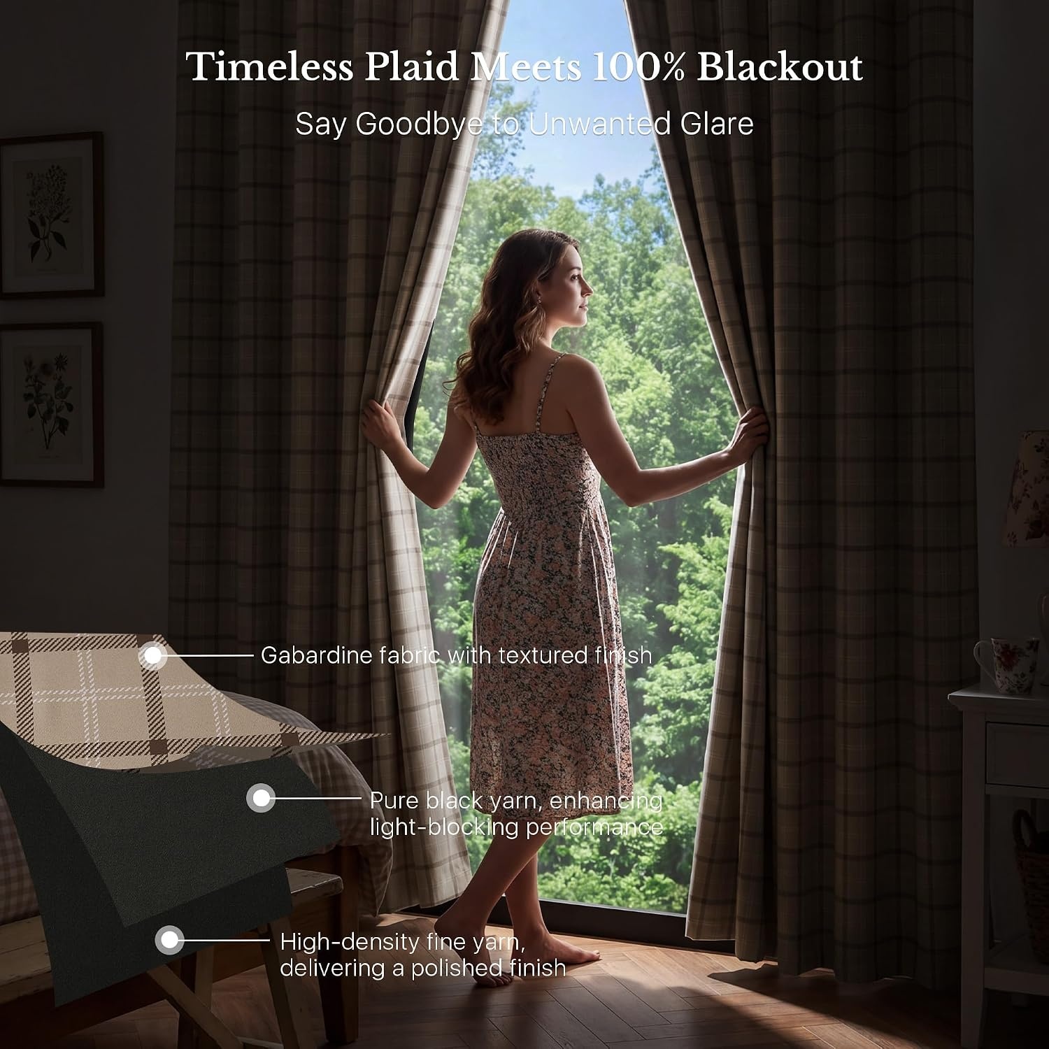 image:imageNICETOWN 100 Blackout Taupe Plaid Magnetic Roman Shade W24 x L64 1 PanelPlaid Taupe White