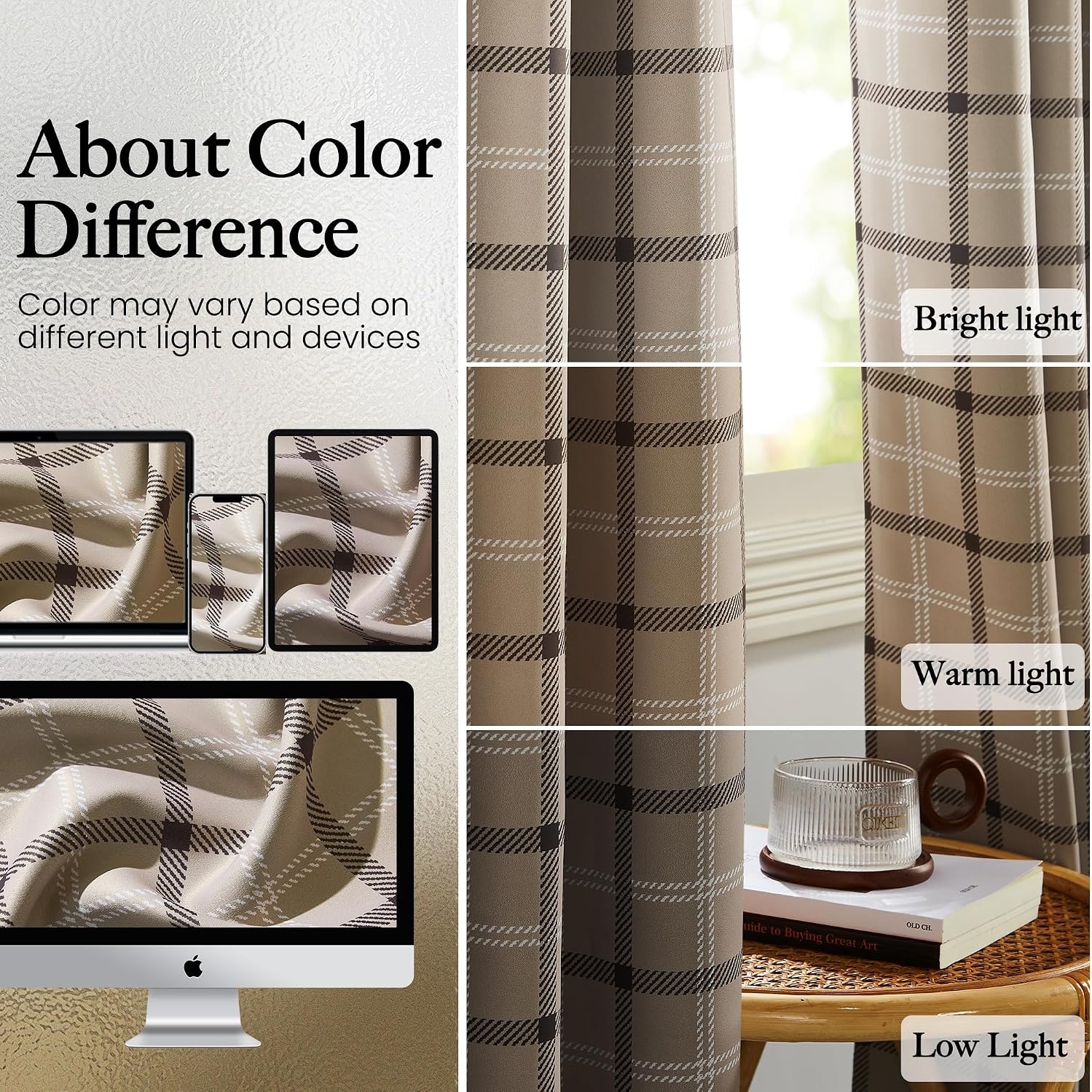 image:imageNICETOWN 100 Blackout Taupe Plaid Magnetic Roman Shade W24 x L64 1 PanelPlaid Taupe White