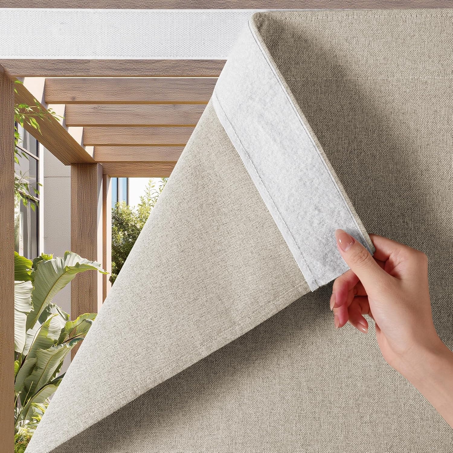 image:imageNICETOWN 2 Panels RodFree Outdoor Curtains for Patio Waterproof Sticky TopLinen Natural