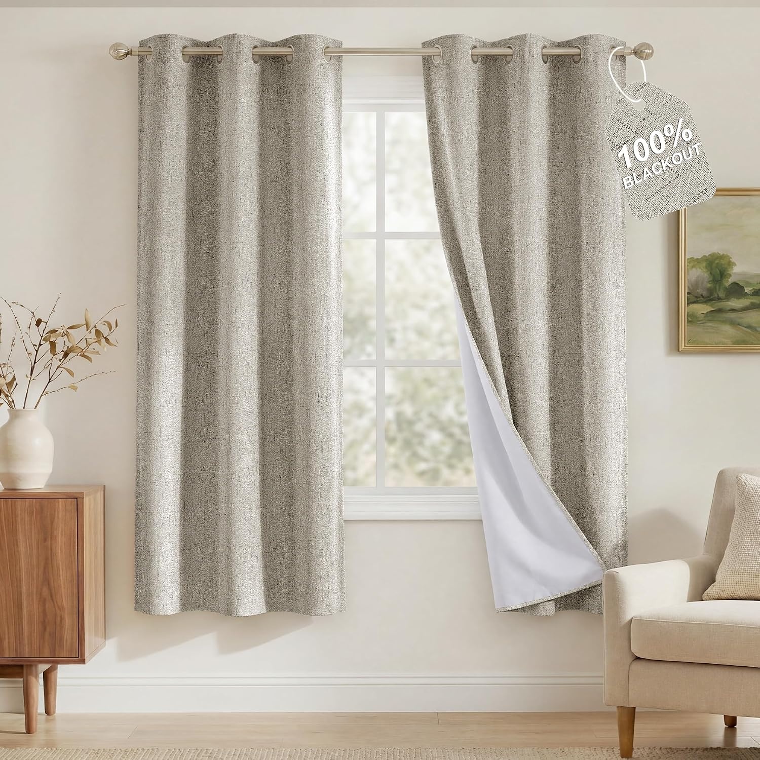 image:imageNICETOWN Beige Linen Blackout Curtains 84 Inches Long W52xL84 2 PanelsBeige