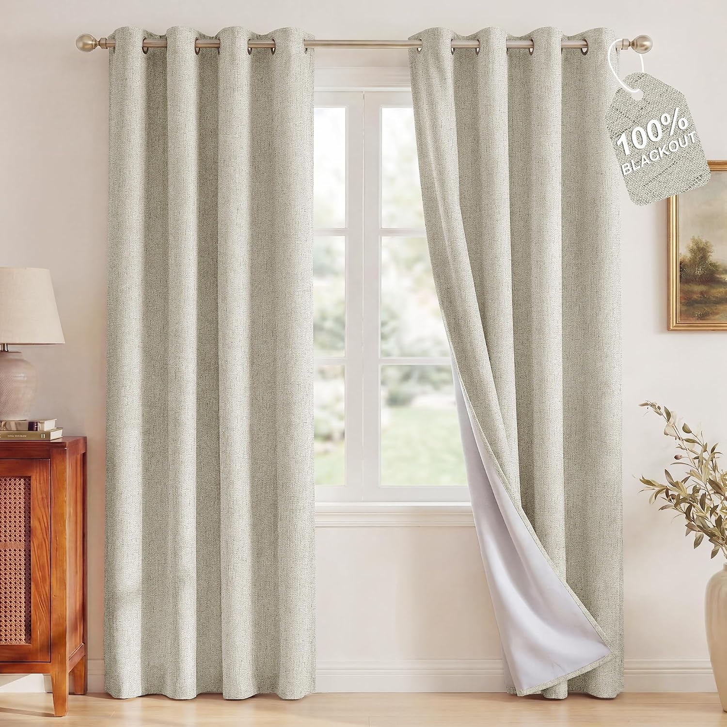 image:imageNICETOWN Beige Linen Blackout Curtains 84 Inches Long W52xL84 2 PanelsIvory