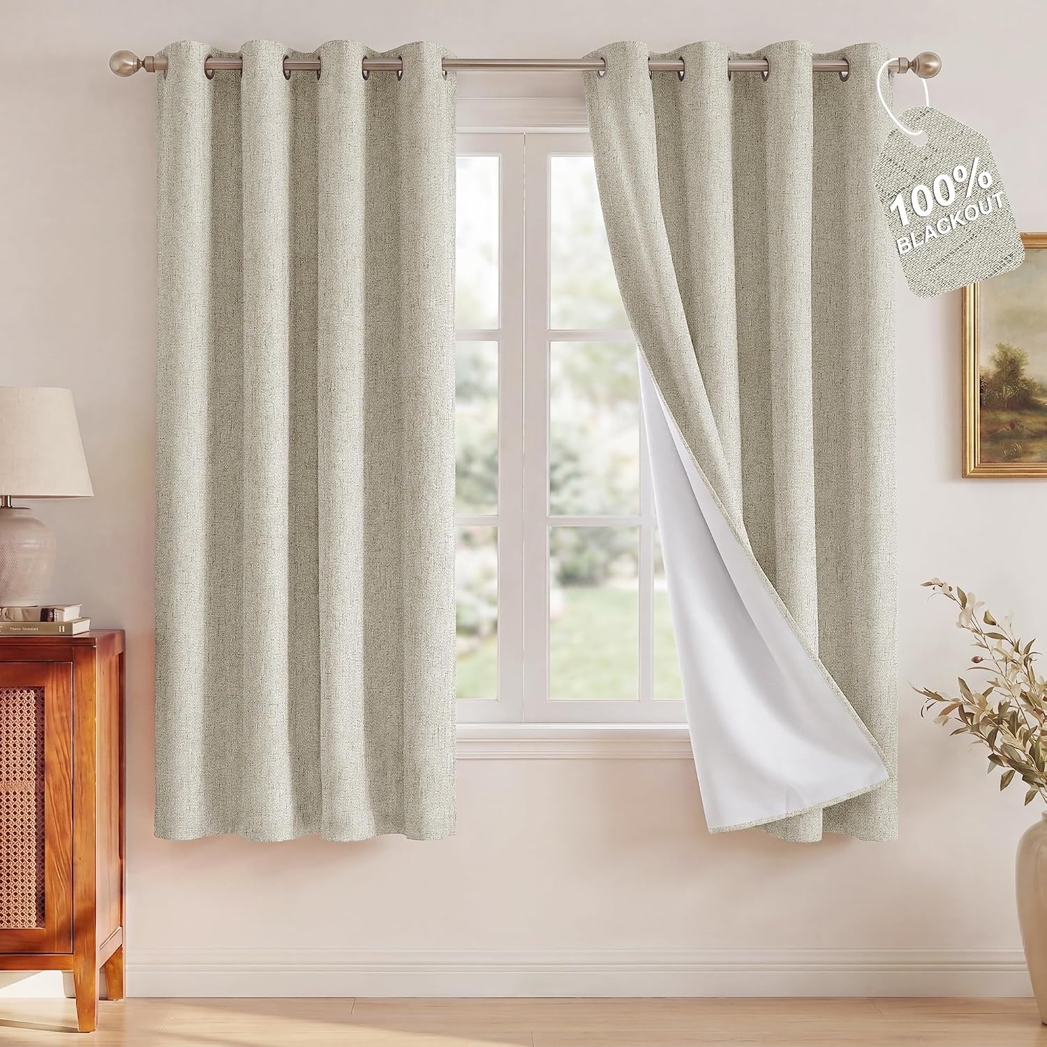 image:imageNICETOWN Beige Linen Blackout Curtains 84 Inches Long W52xL84 2 PanelsIvory