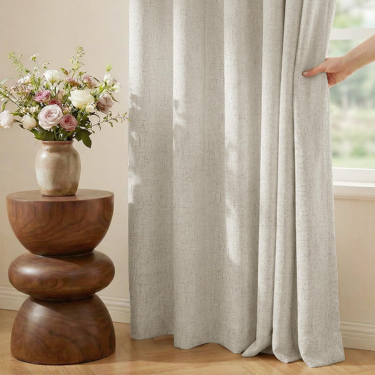 image:imageNICETOWN Beige Linen Blackout Curtains 84 Inches Long W52xL84 2 PanelsIvory