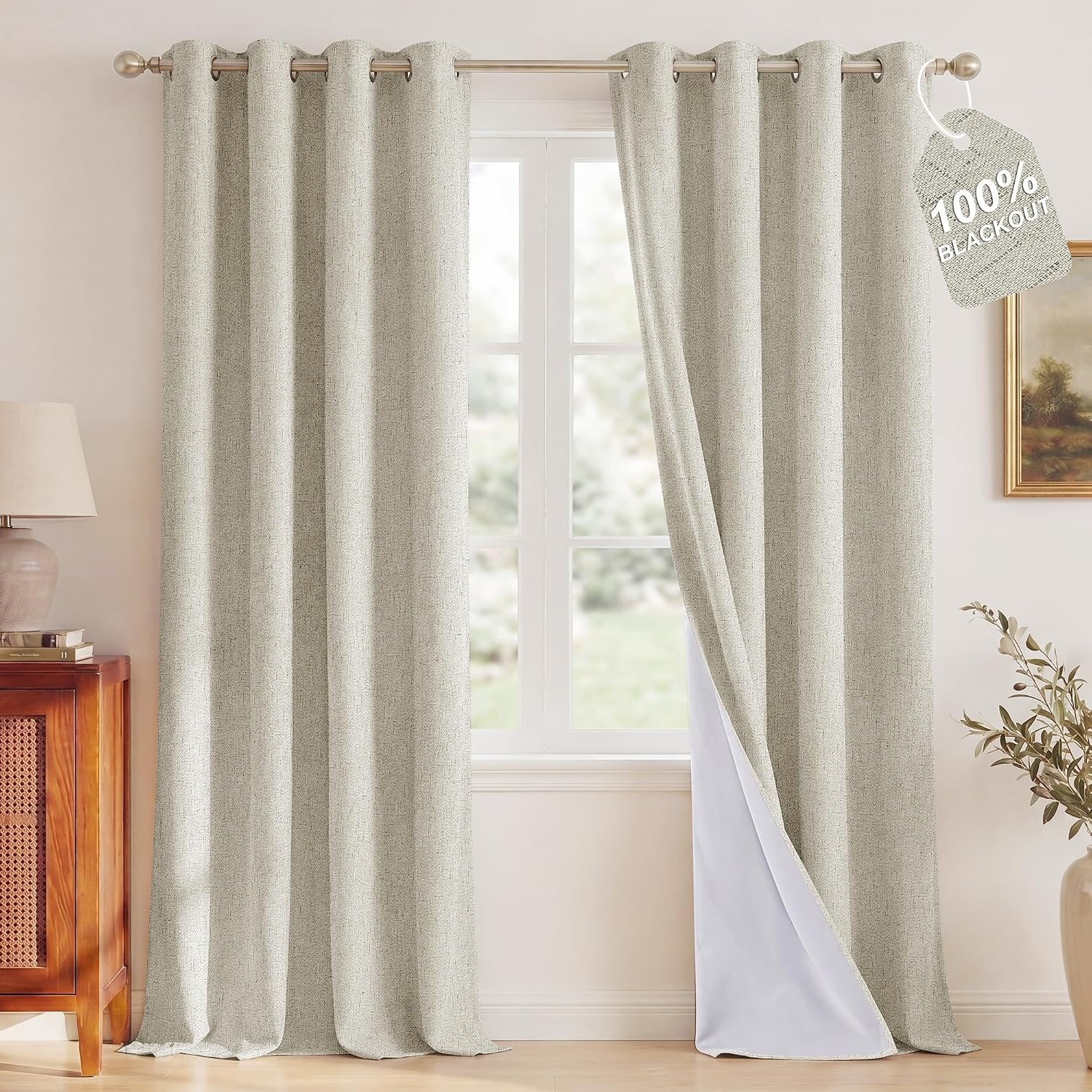 image:imageNICETOWN Beige Linen Blackout Curtains 84 Inches Long W52xL84 2 PanelsIvory