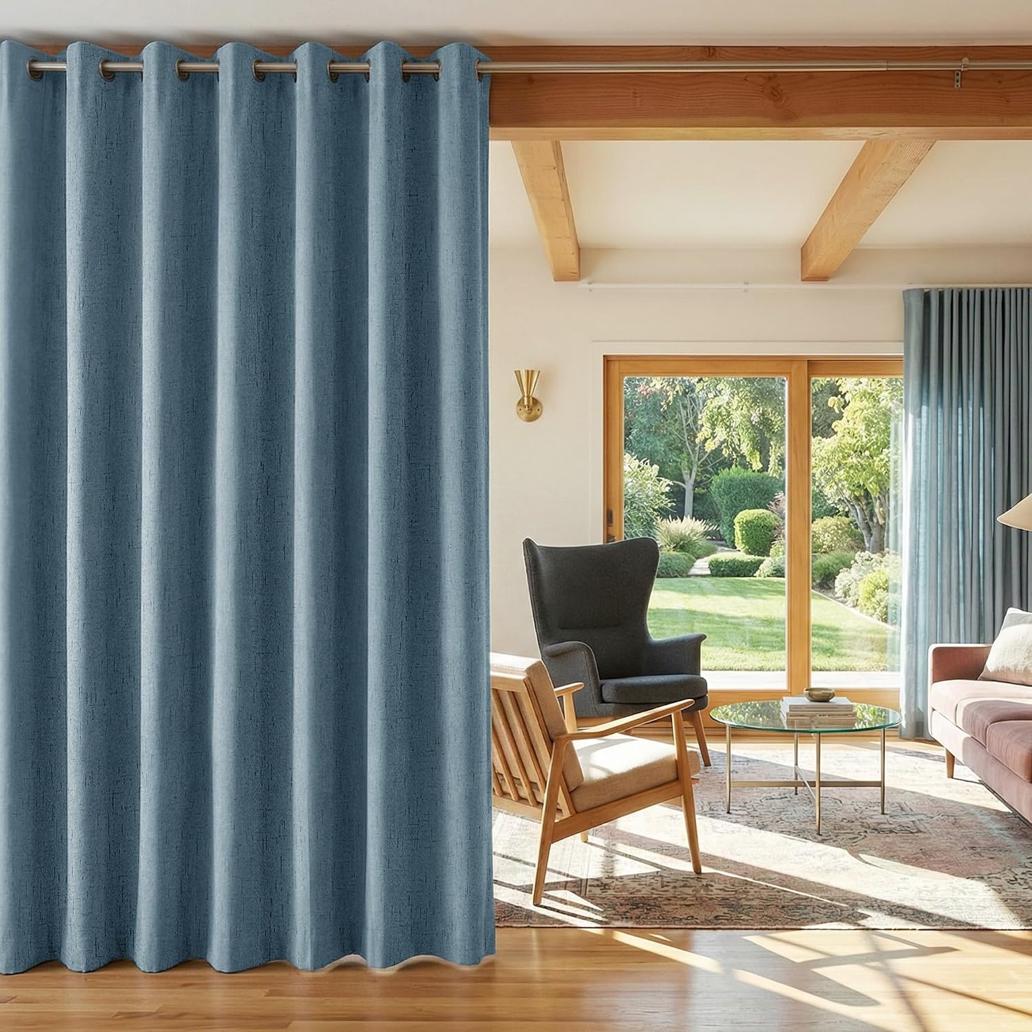 image:imageNICETOWN Beige Linen Blackout Curtains 84 Inches Long W52xL84 2 PanelsStone Blue