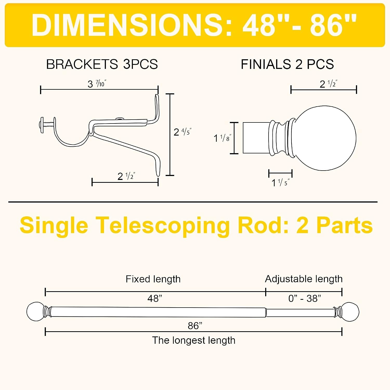 image:imageNICETOWN Black Curtain Rods for Window 48 to 86 inch 1 18 Diameter with Ball Finials for Window Treatment Adjustable Length from 48 to 86Inch Matte BlackSatin Nickel