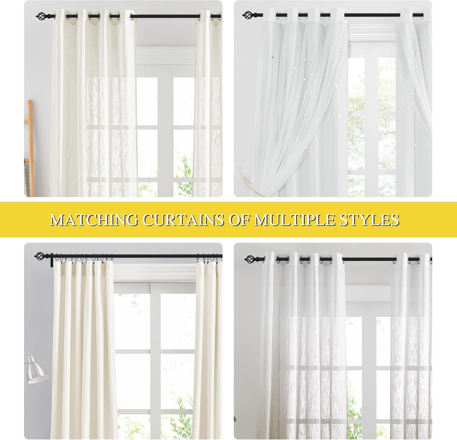 image:imageNICETOWN Black Curtain Rods for Windows 28 to 48 inch Adjustable Curtain Rod 1 inch Diameter Modern Faceted Ball Finials Design Decorative Drapery Rod for Valances Tiers 2848 Length Matte BlackMatte Black