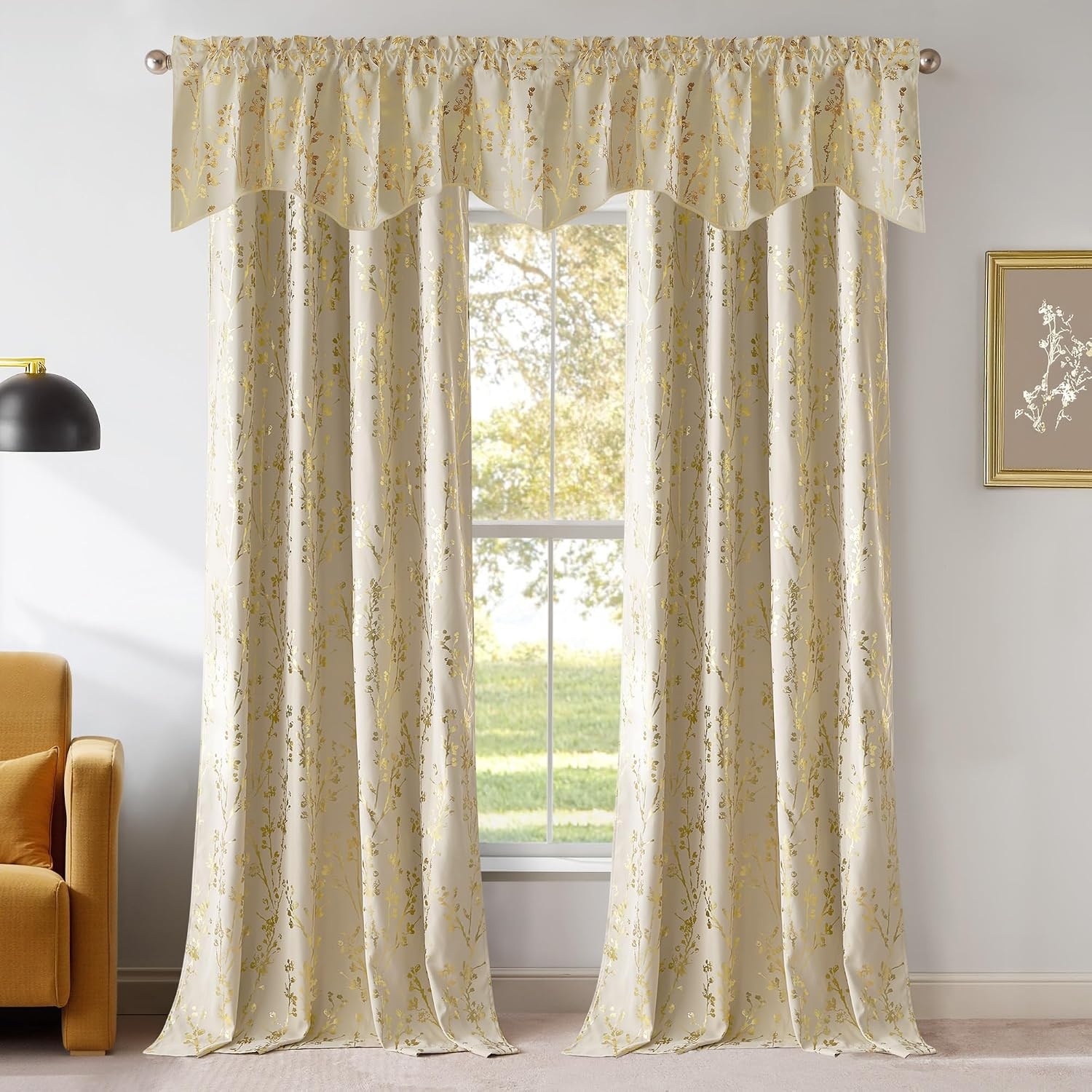 image:imageNICETOWN Blackout Kitchen Valances for Windo 18 Inch Length Rod PocketFloral Print Light Beige