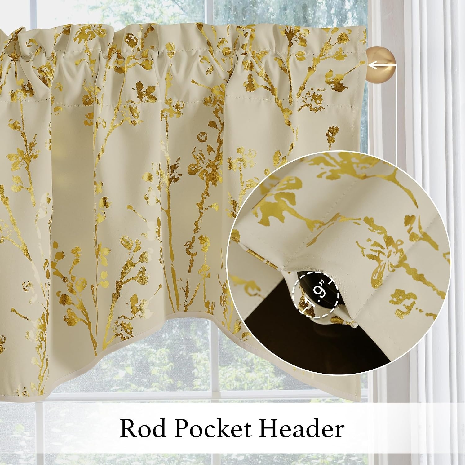 image:imageNICETOWN Blackout Kitchen Valances for Windo 18 Inch Length Rod PocketFloral Print Light Beige