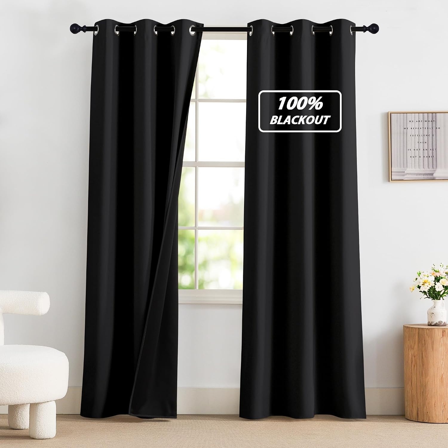 image:imageNICETOWN Boho Floral Curtains 100 Blackout for Living Room Bedroom 96 Inches Long Vintage Flower Drapes Thermal Insulated Soundproof Mid Century Botanica Grommet Window Treatment 52 W 2 PanelsBlack