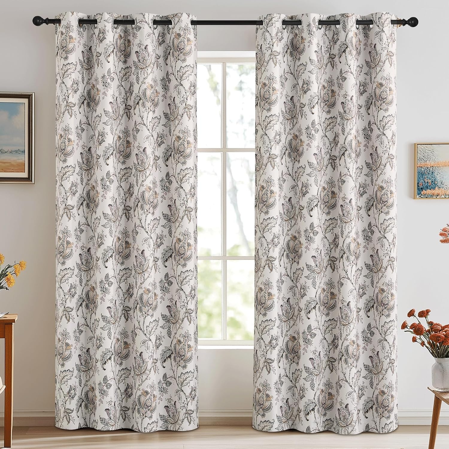 image:imageNICETOWN Boho Floral Curtains 100 Blackout for Living Room Bedroom 96 Inches Long Vintage Flower Drapes Thermal Insulated Soundproof Mid Century Botanica Grommet Window Treatment 52 W 2 PanelsFloral Off White
