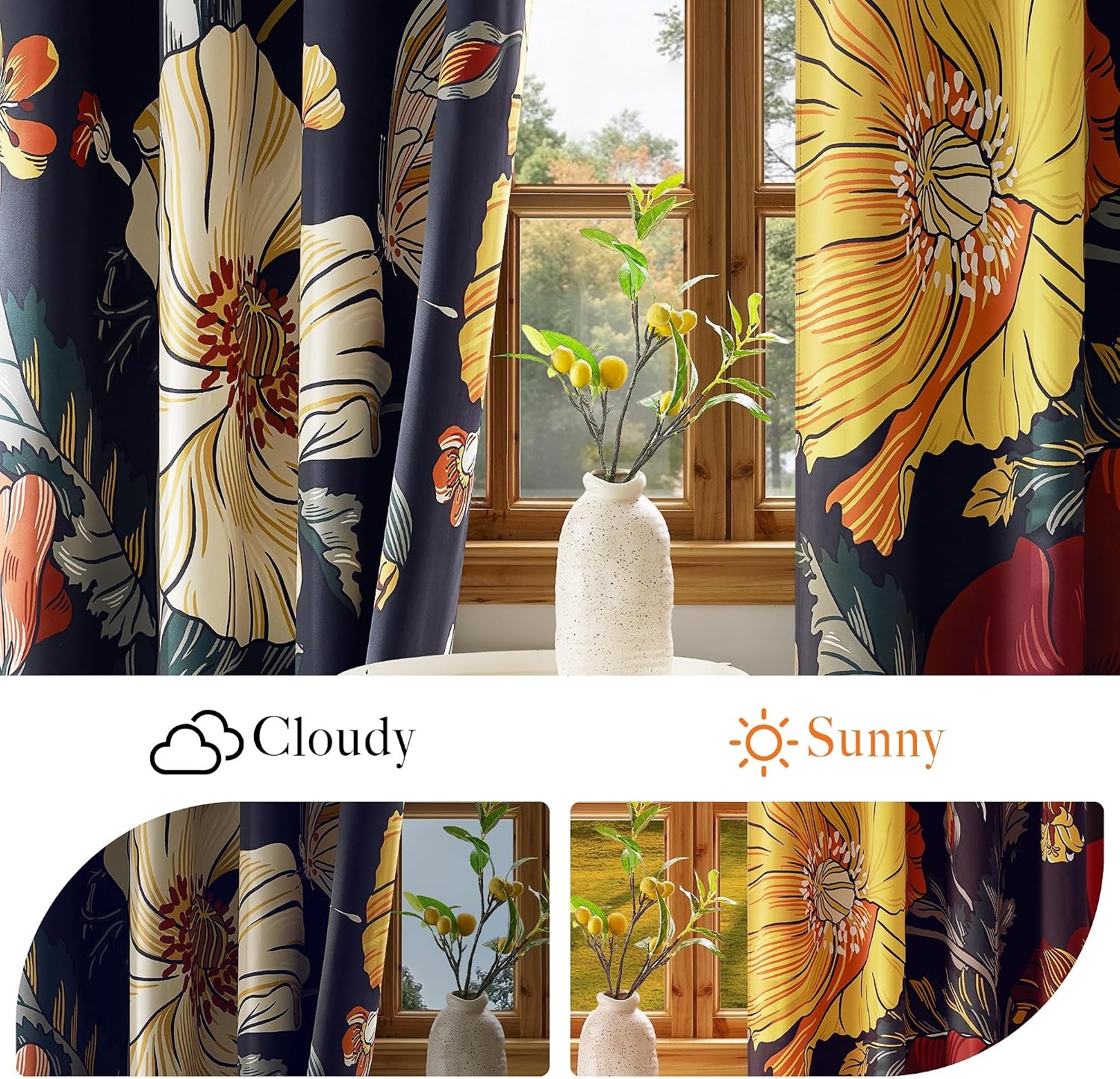 image:imageNICETOWN Boho Floral Curtains 100 Blackout for Living Room Bedroom 96 Inches Long Vintage Flower Drapes Thermal Insulated Soundproof Mid Century Botanica Grommet Window Treatment 52 W 2 PanelsBoho Floral Navy Blue