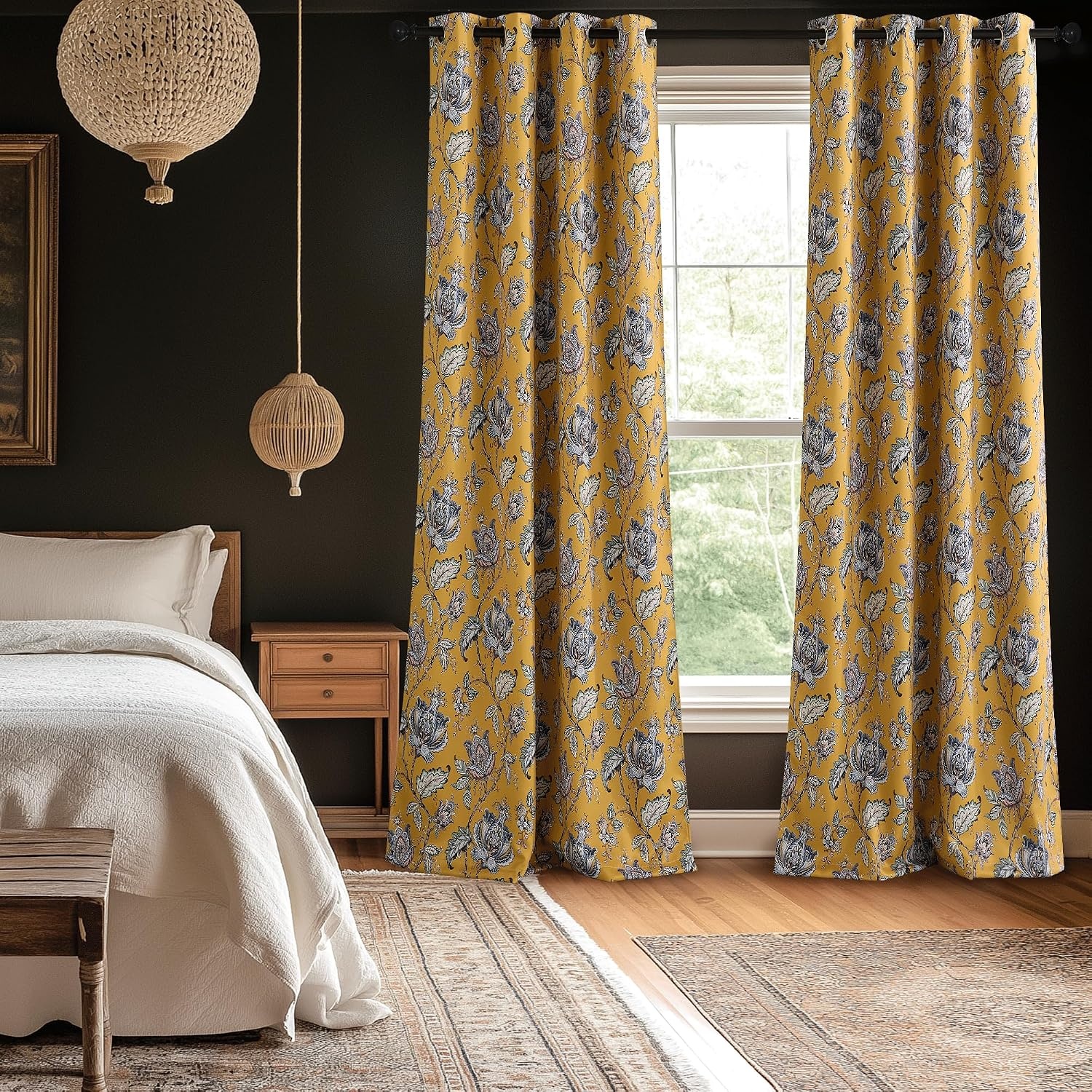 image:imageNICETOWN Boho Floral Curtains 100 Blackout for Living Room Bedroom 96 Inches Long Vintage Flower Drapes Thermal Insulated Soundproof Mid Century Botanica Grommet Window Treatment 52 W 2 PanelsFloral Oak Brown