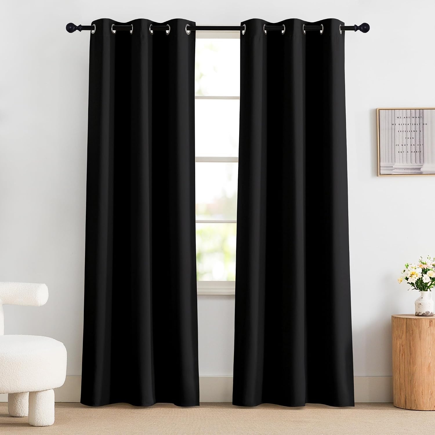 image:imageNICETOWN Boho Floral Curtains 100 Blackout for Living Room Bedroom 96 Inches Long Vintage Flower Drapes Thermal Insulated Soundproof Mid Century Botanica Grommet Window Treatment 52 W 2 PanelsBlack