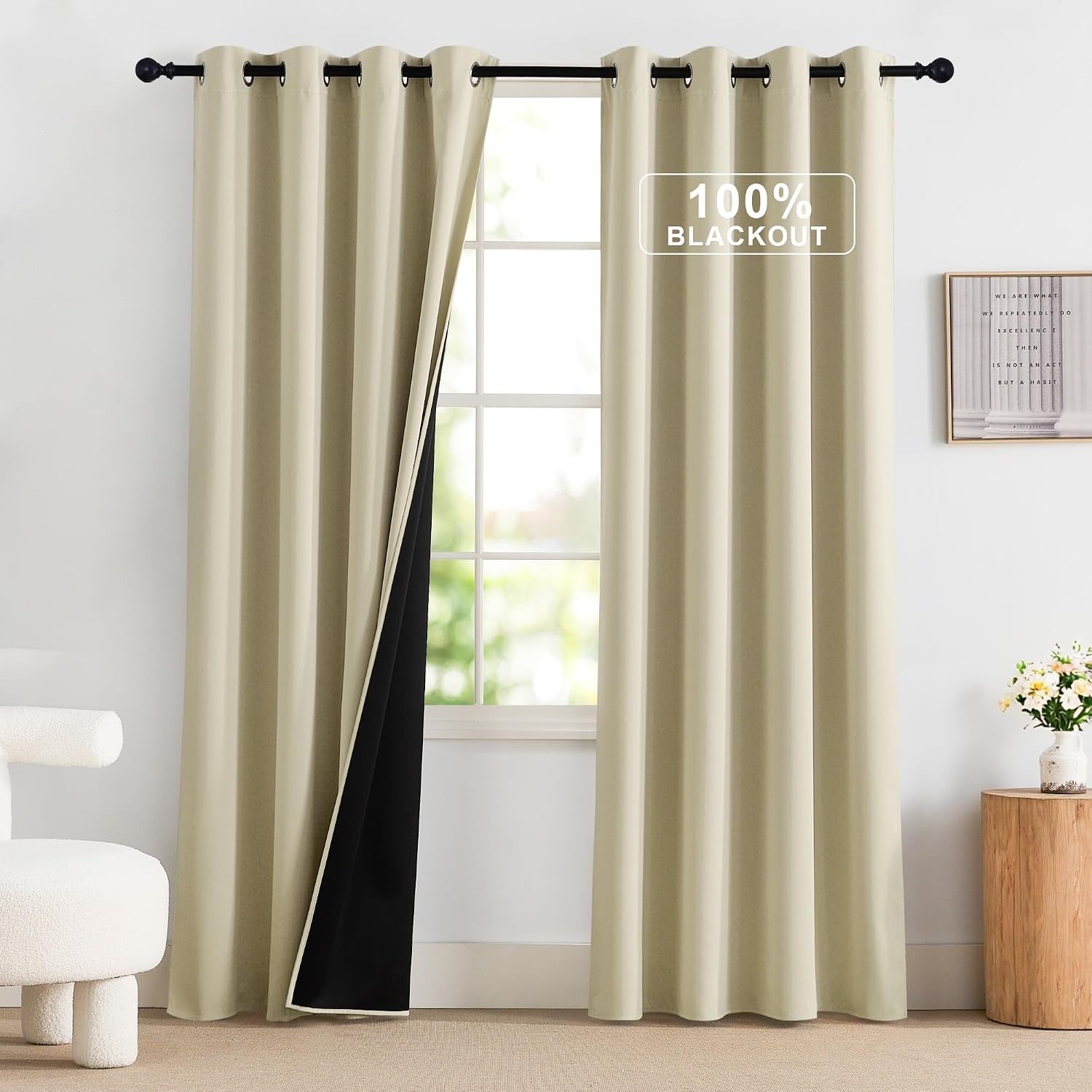 image:imageNICETOWN Boho Floral Curtains 100 Blackout for Living Room Bedroom 96 Inches Long Vintage Flower Drapes Thermal Insulated Soundproof Mid Century Botanica Grommet Window Treatment 52 W 2 PanelsCream