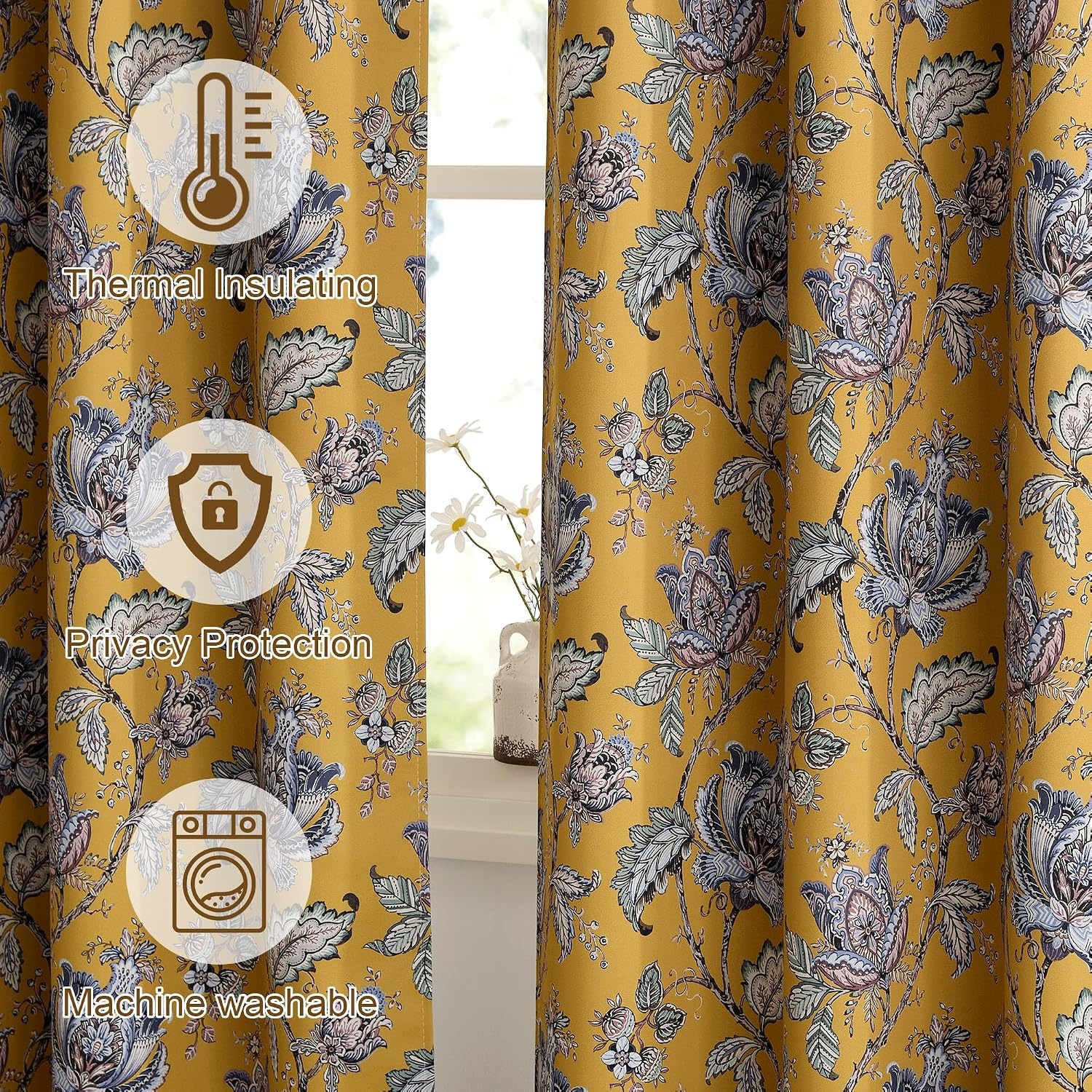 image:imageNICETOWN Boho Floral Curtains 100 Blackout for Living Room Bedroom 96 Inches Long Vintage Flower Drapes Thermal Insulated Soundproof Mid Century Botanica Grommet Window Treatment 52 W 2 PanelsFloral Oak Brown