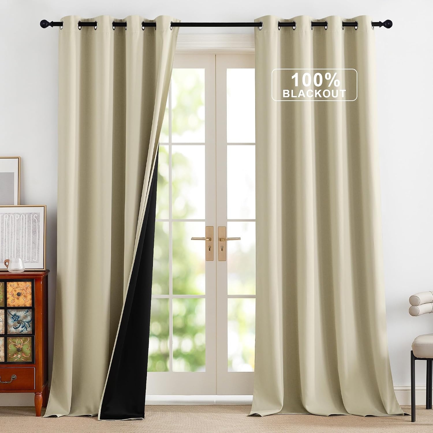 image:imageNICETOWN Boho Floral Curtains 100 Blackout for Living Room Bedroom 96 Inches Long Vintage Flower Drapes Thermal Insulated Soundproof Mid Century Botanica Grommet Window Treatment 52 W 2 PanelsCream