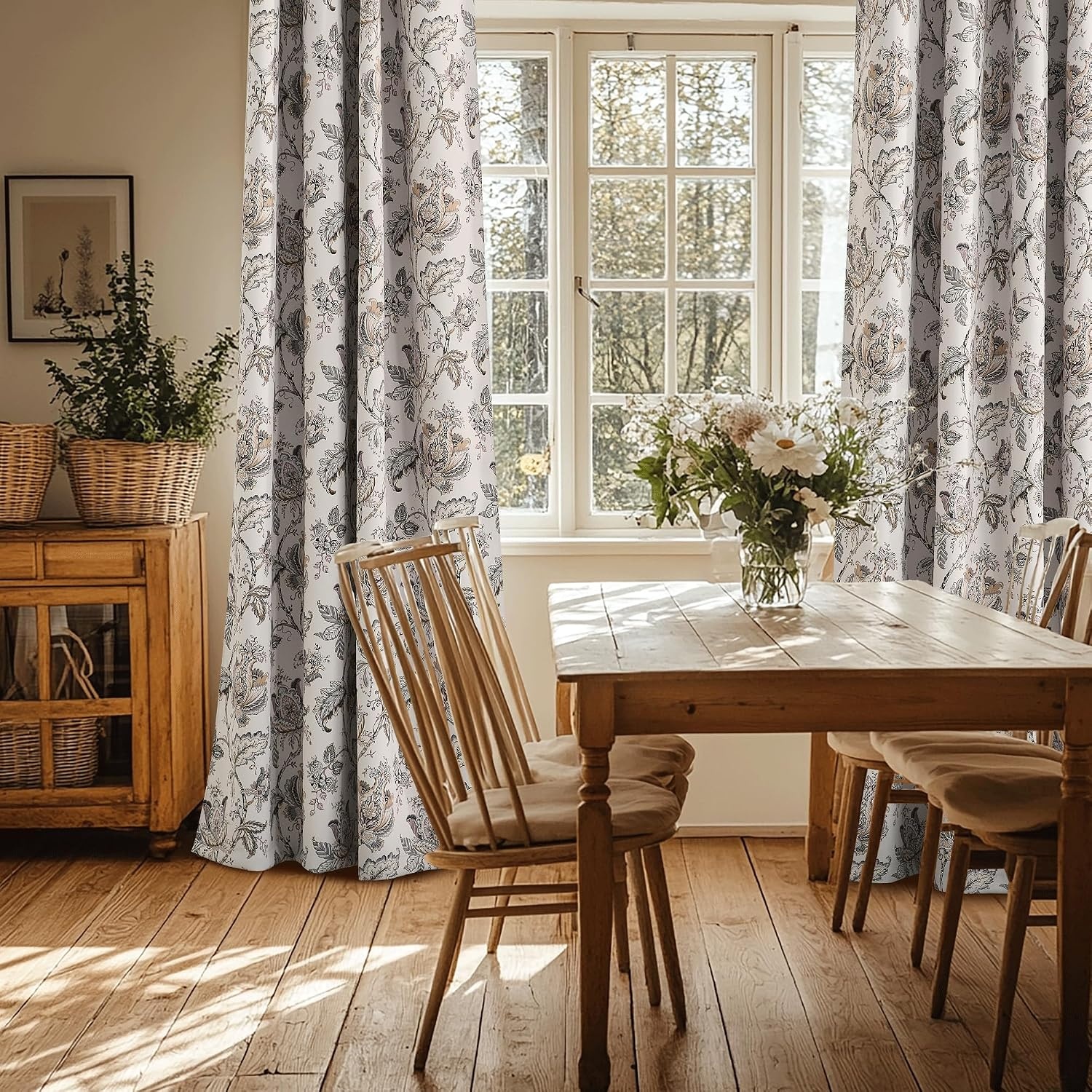 image:imageNICETOWN Boho Floral Curtains 100 Blackout for Living Room Bedroom 96 Inches Long Vintage Flower Drapes Thermal Insulated Soundproof Mid Century Botanica Grommet Window Treatment 52 W 2 PanelsFloral Off White